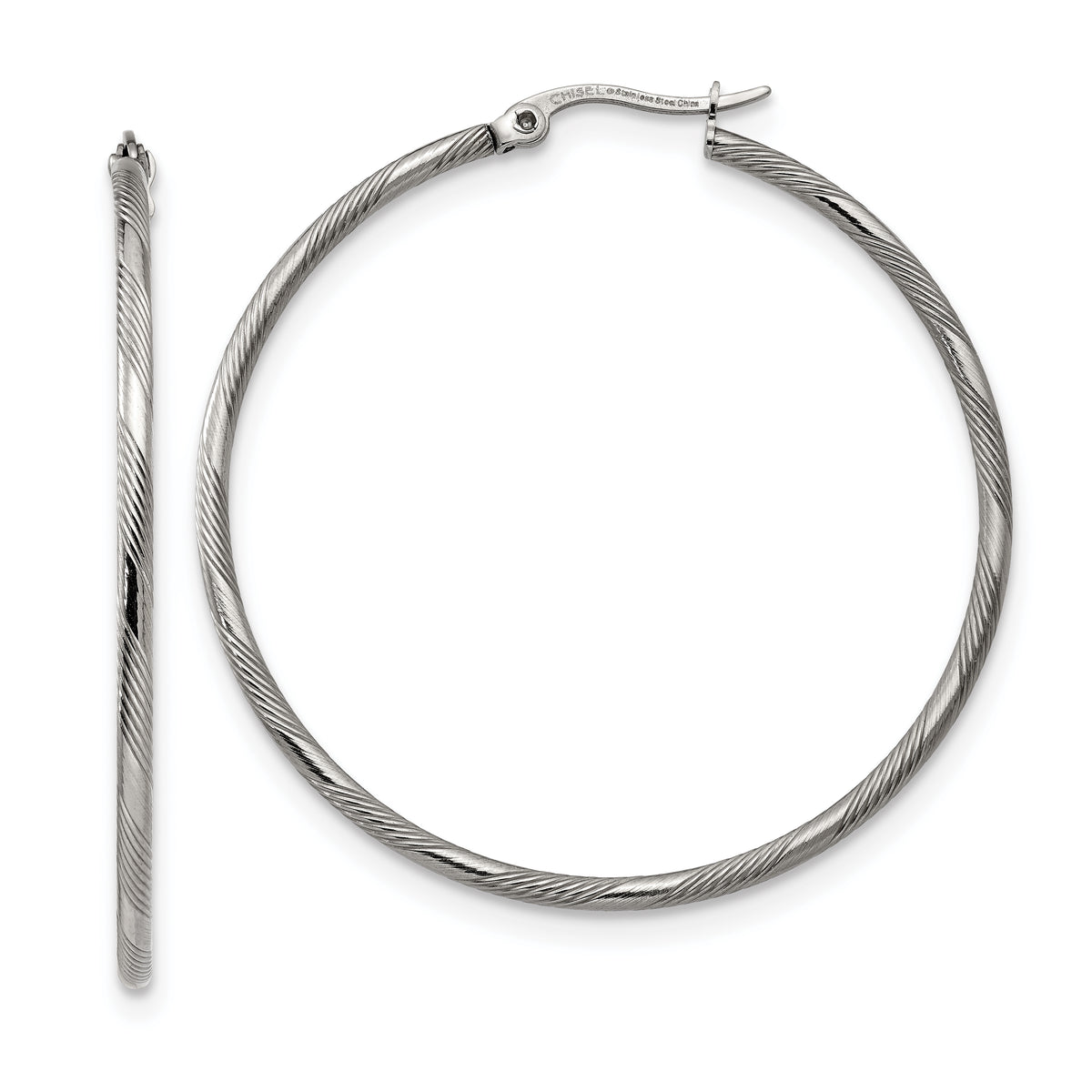 Chisel Stainless Steel Polished and Textured Hinged Hoop Earrings