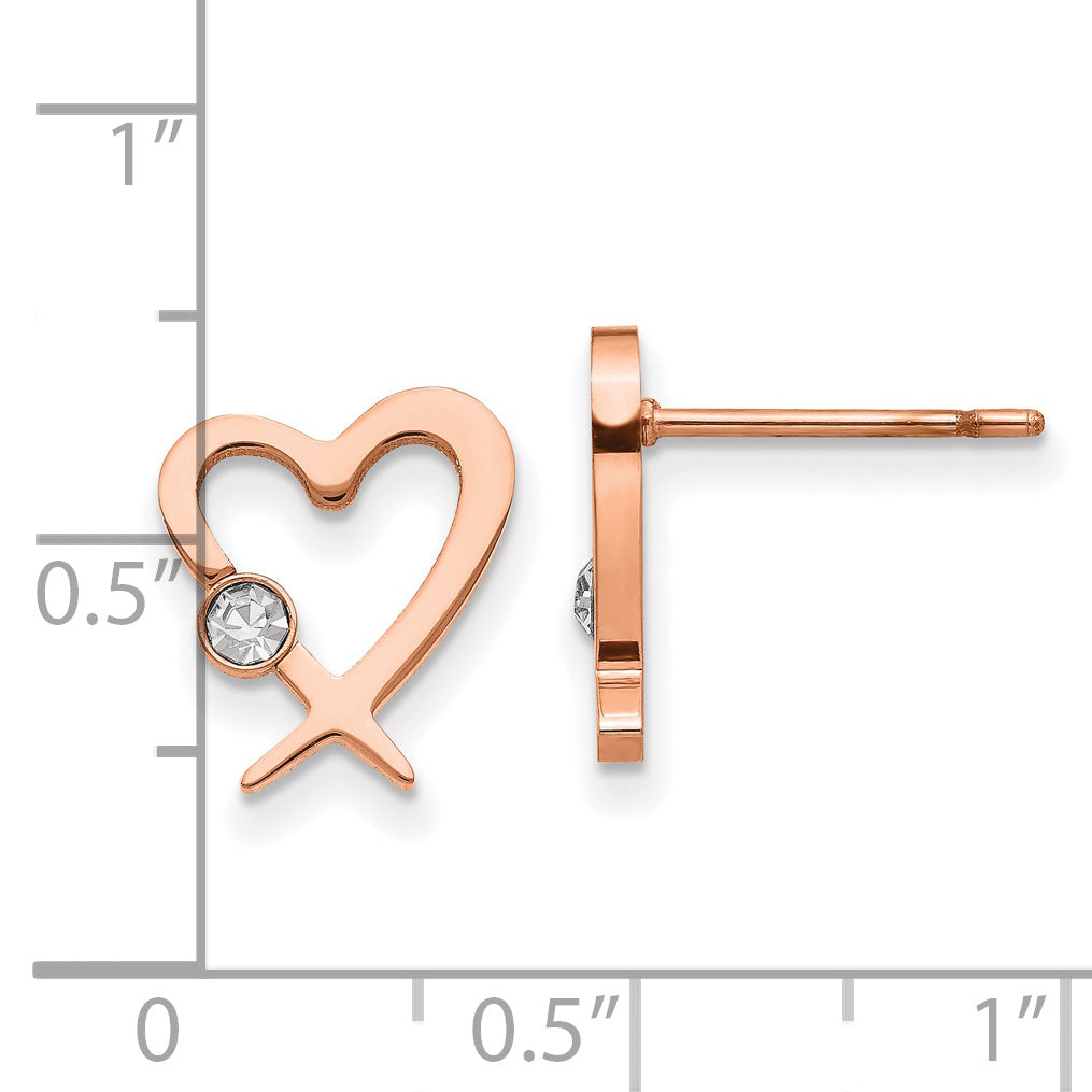 Chisel Stainless Steel Polished Rose IP-plated with Crystal Heart Post Earrings