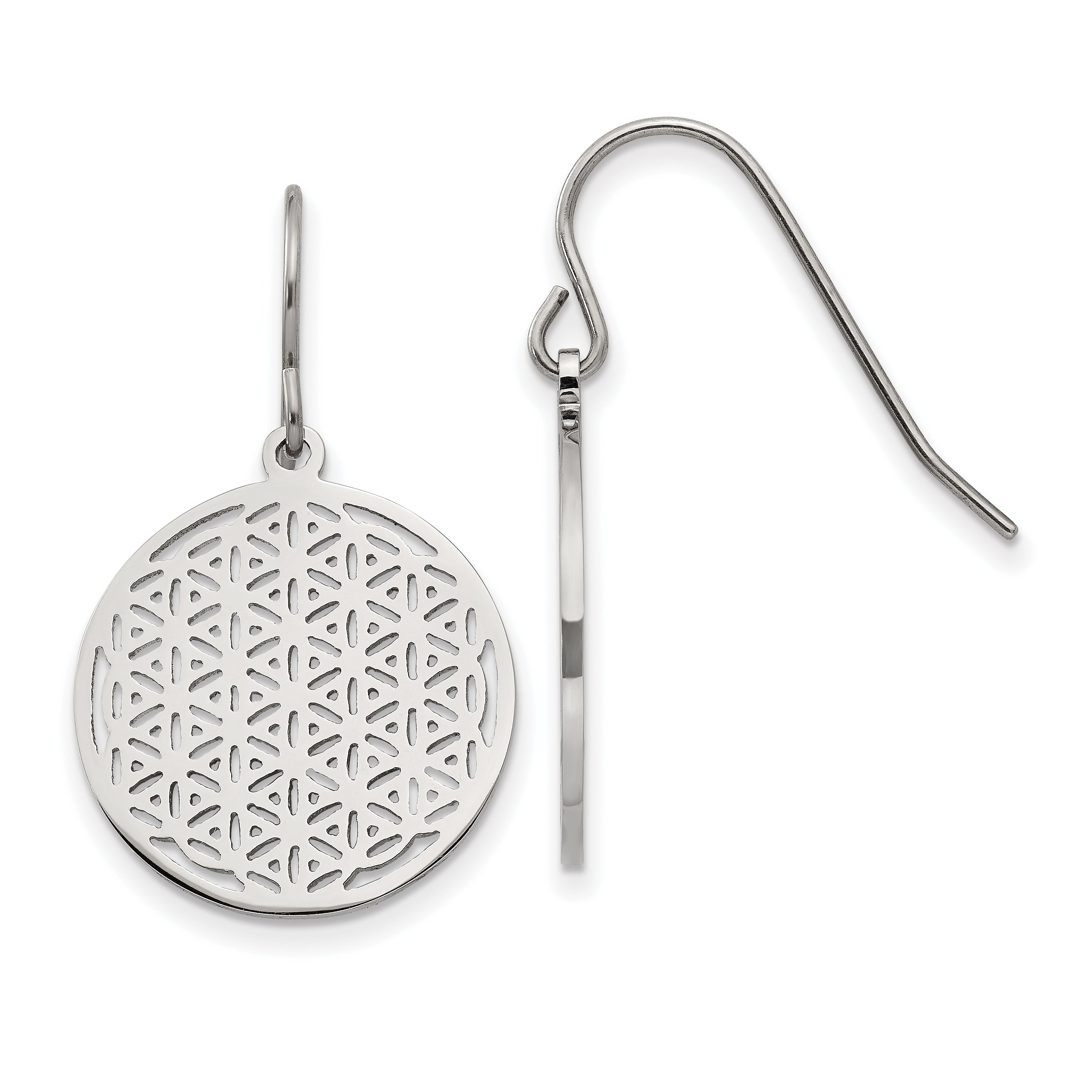 Chisel Stainless Steel Polished Flower Cut-out Dangle Shepherd Hook Earrings