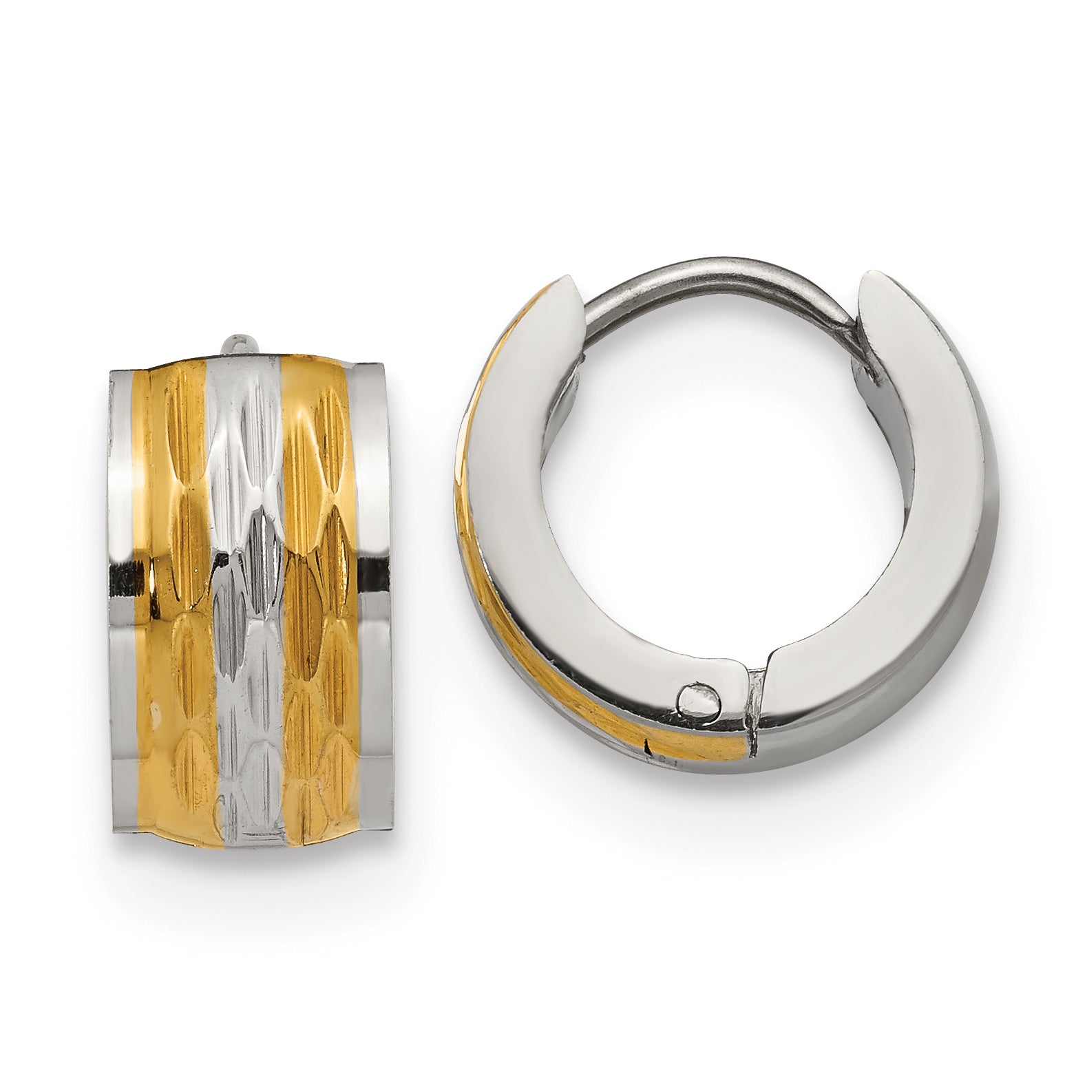 Chisel Stainless Steel Polished and Textured Yellow IP-plated 7mm Hinged Hoop Earrings