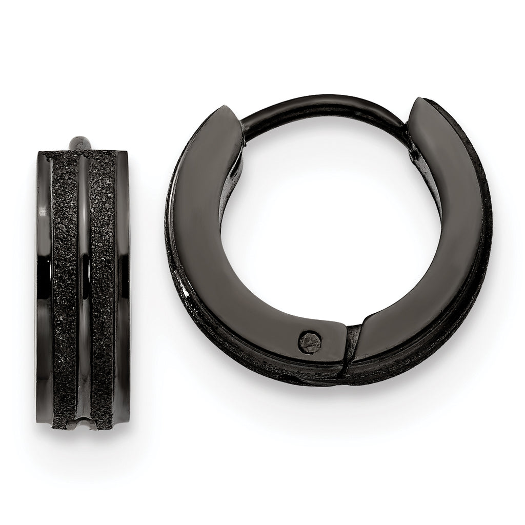 Chisel Stainless Steel Polished Black IP-plated Laser cut 4mm Hinged Hoop Earrings