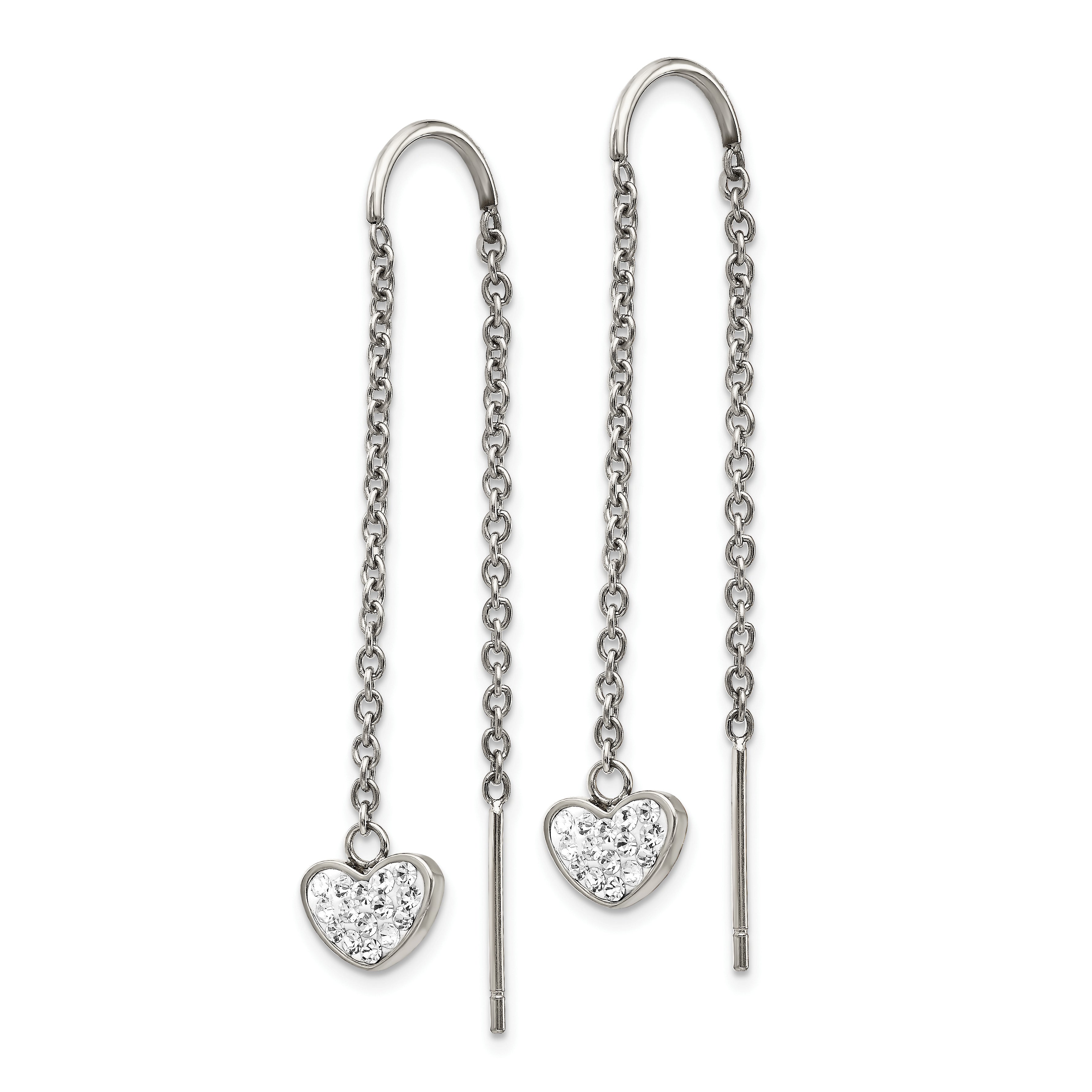 Crystal Heart Threader Earrings in Stainless Steel
