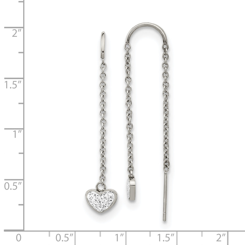 Crystal Heart Threader Earrings in Stainless Steel