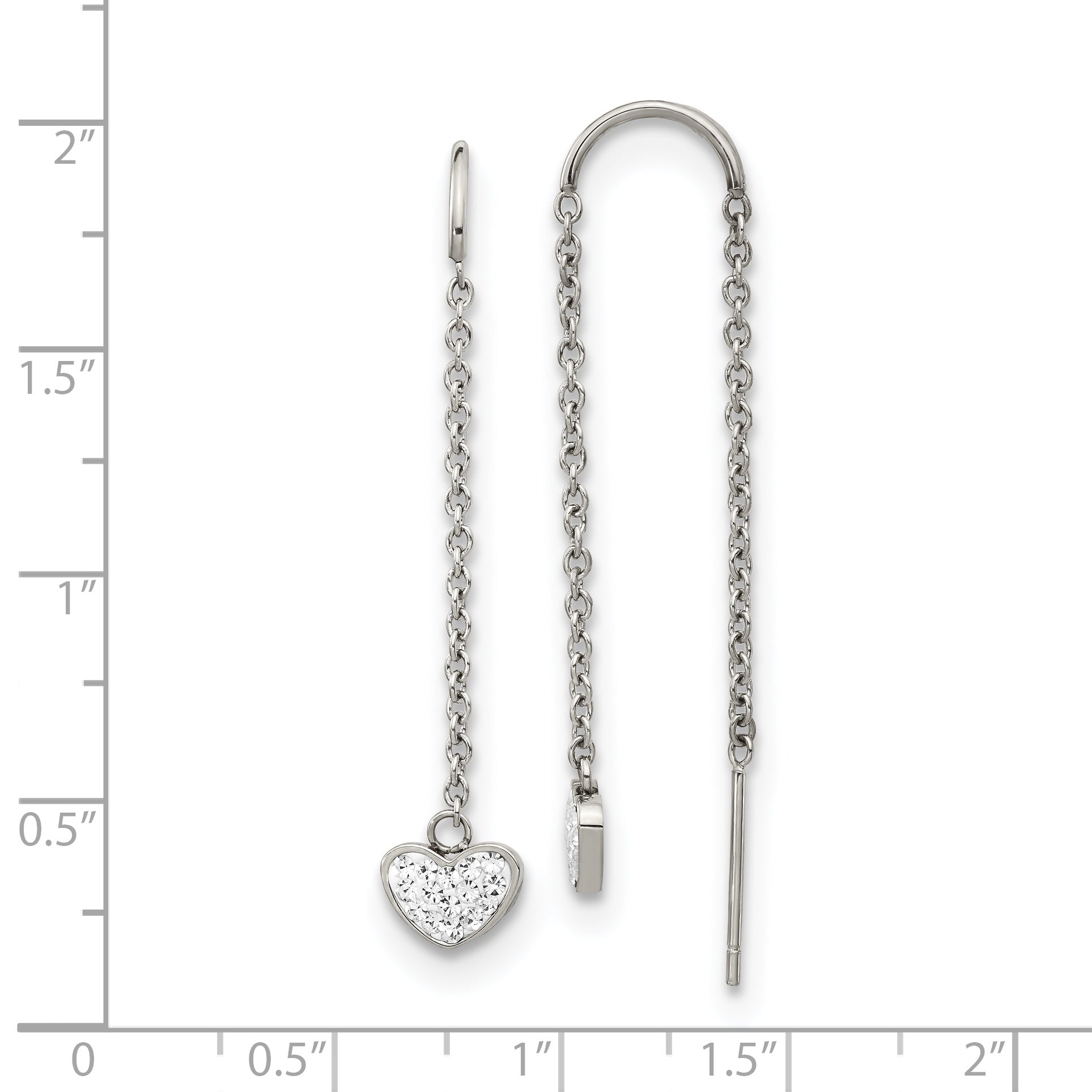 Crystal Heart Threader Earrings in Stainless Steel