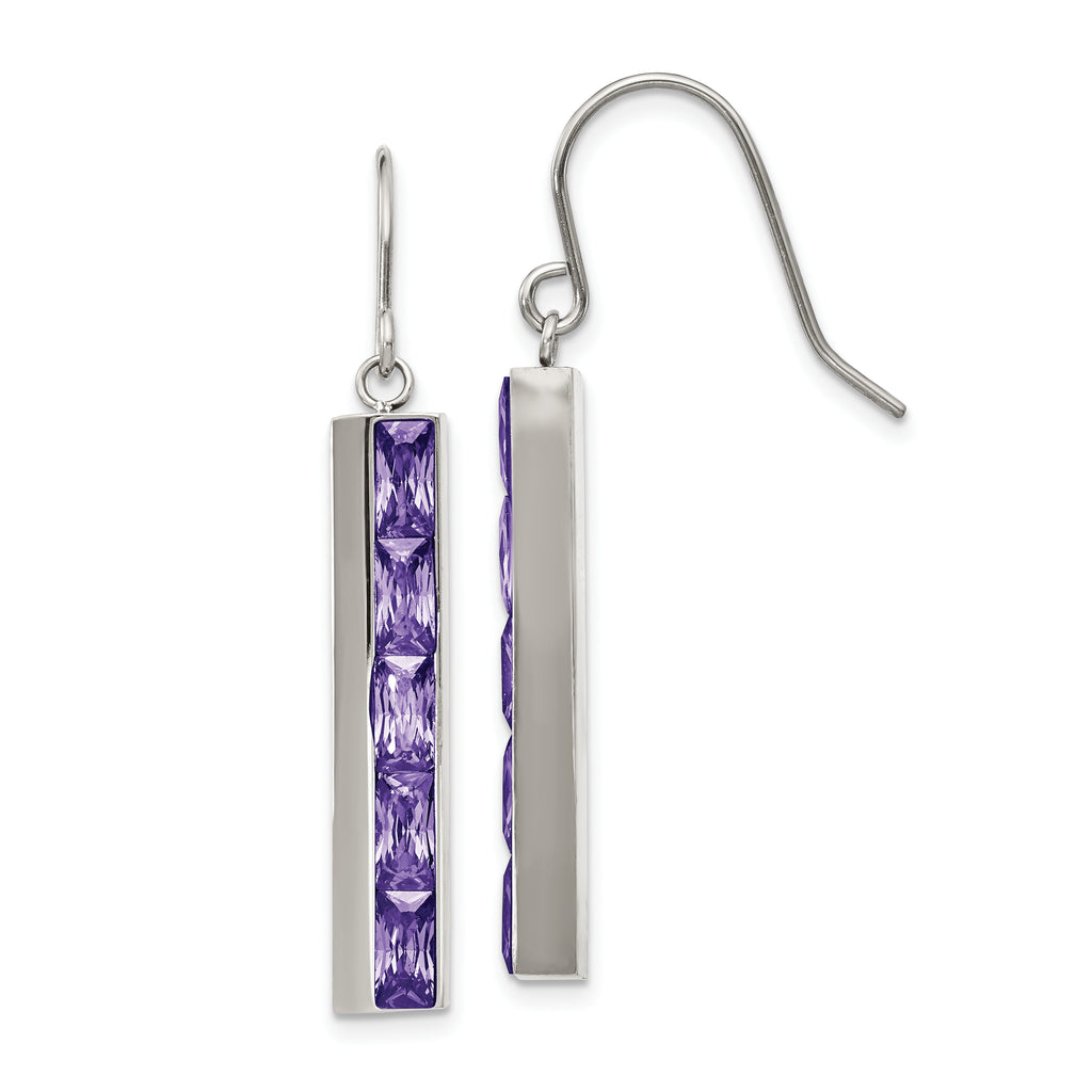 Stainless Steel Polished with Purple CZ Dangle Shepherd Hook Earrings
