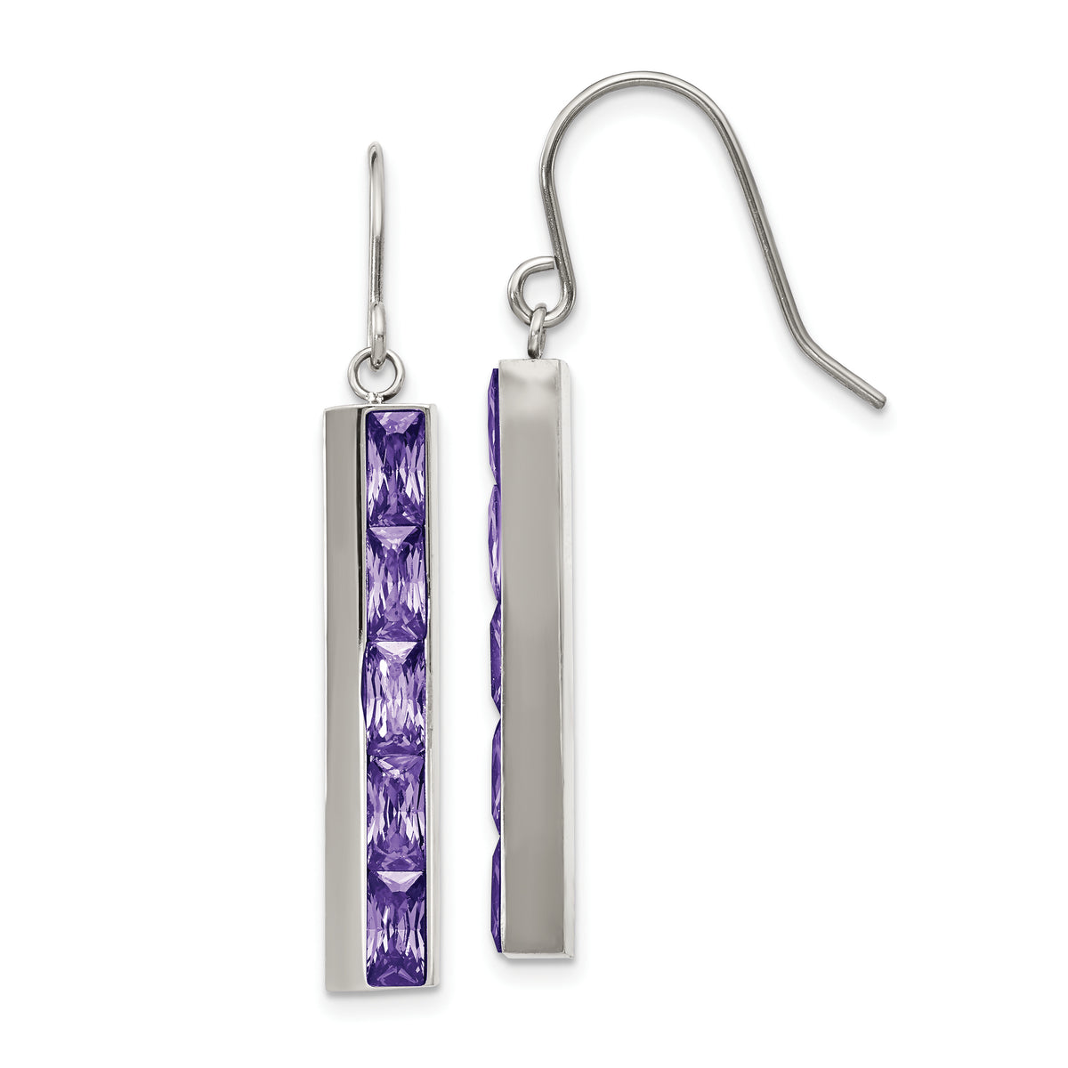Stainless Steel Polished with Purple CZ Dangle Shepherd Hook Earrings