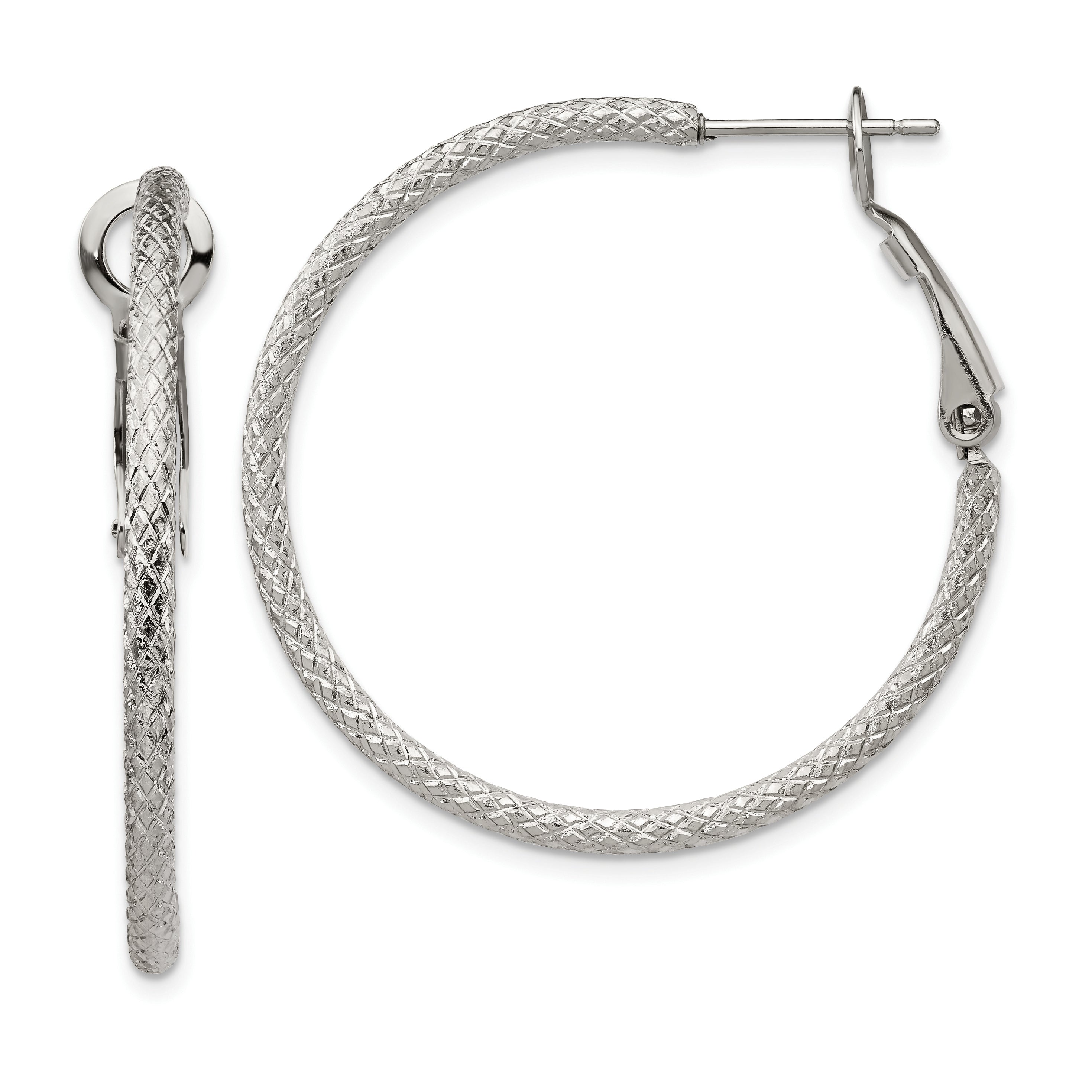 Chisel Stainless Steel Polished and Textured 2mm Omega Back Hoop Earrings