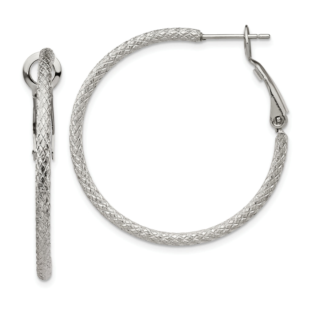 Chisel Stainless Steel Polished and Textured 2mm Omega Back Hoop Earrings