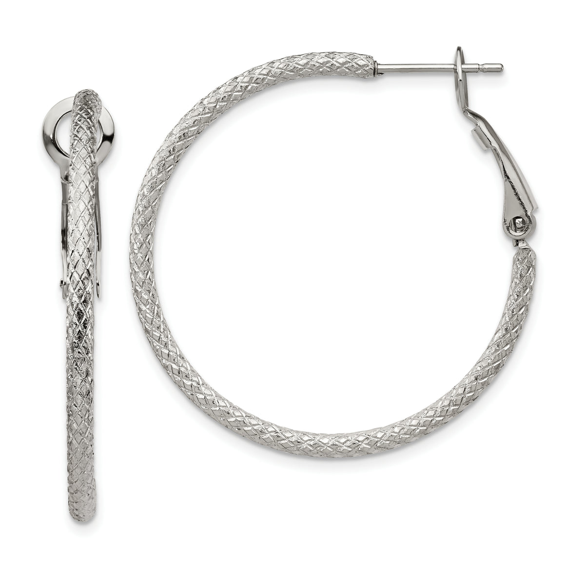 Chisel Stainless Steel Polished and Textured 2mm Omega Back Hoop Earrings