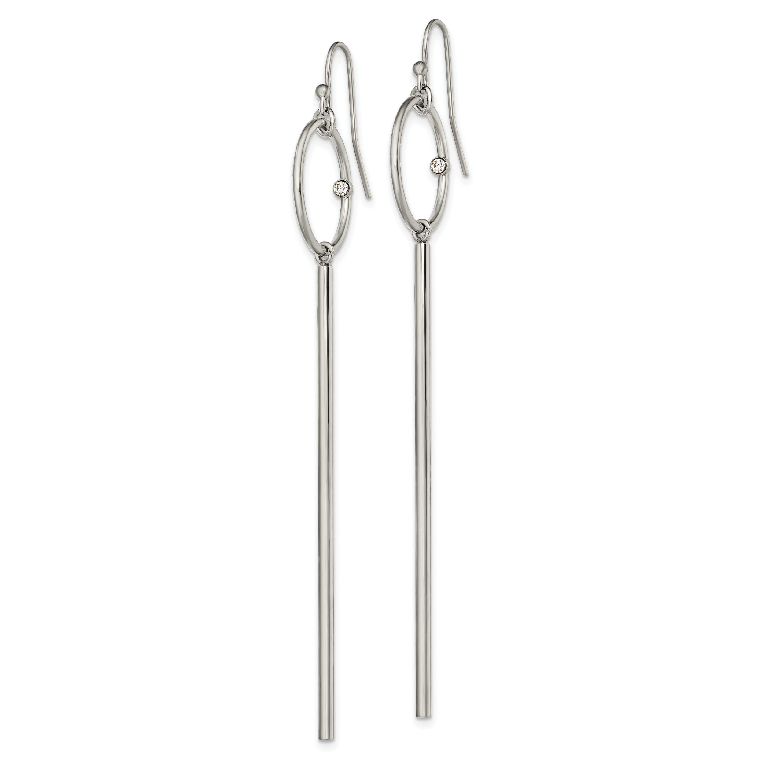 Chisel Stainless Steel Polished Circle with Crystal Accent Bar Dangle Shepherd Hook Shoulder Duster Earrings