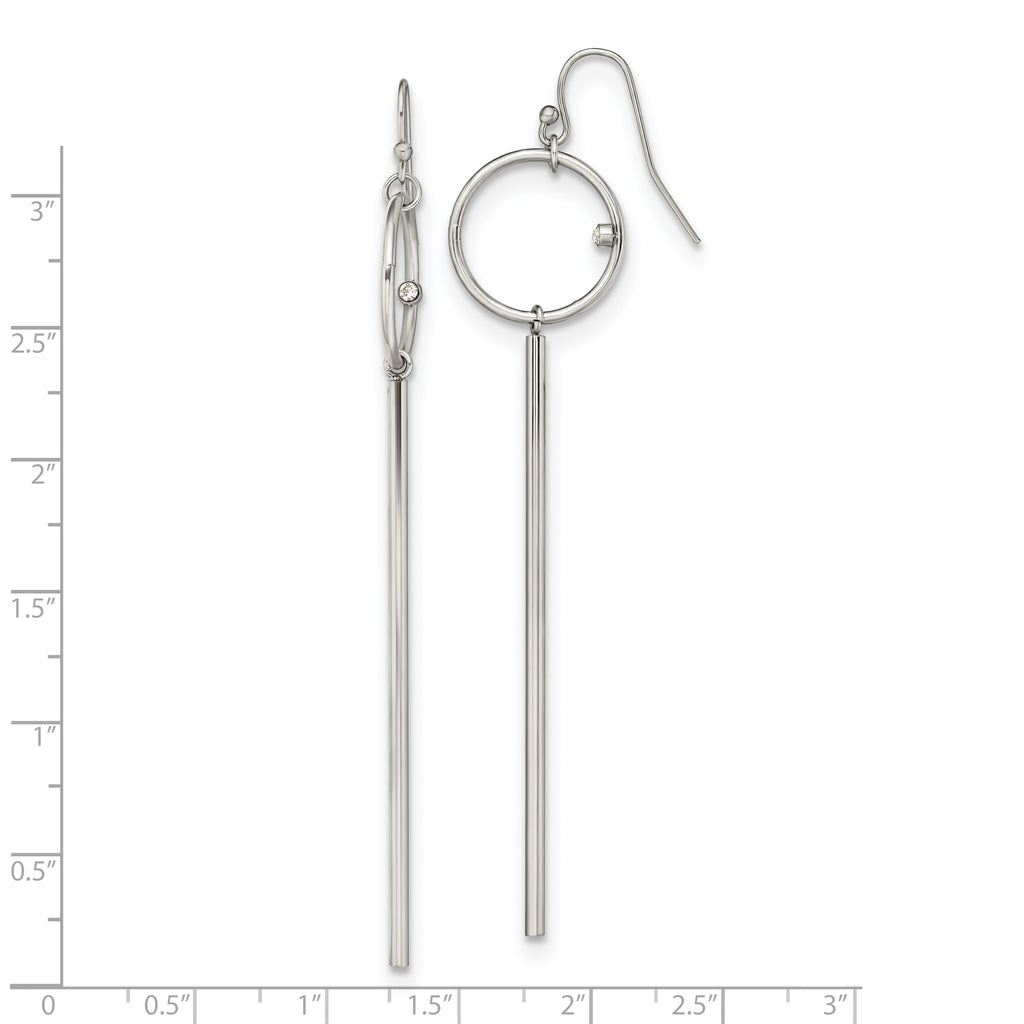 Chisel Stainless Steel Polished Circle with Crystal Accent Bar Dangle Shepherd Hook Shoulder Duster Earrings