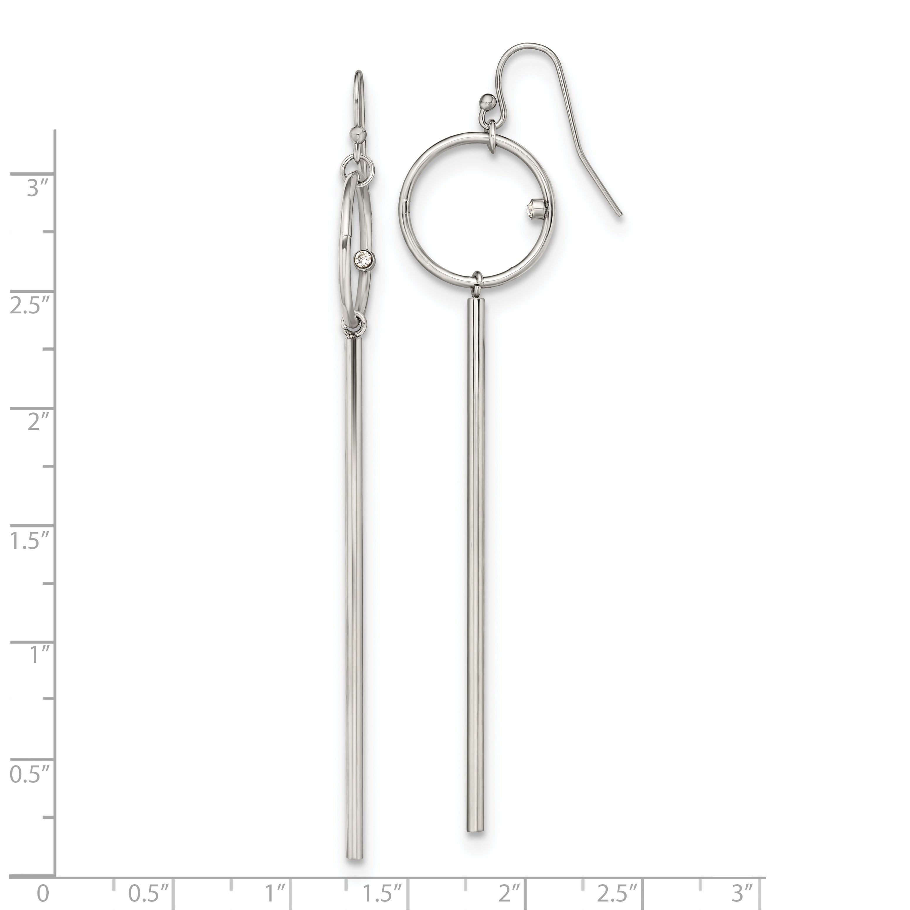 Chisel Stainless Steel Polished Circle with Crystal Accent Bar Dangle Shepherd Hook Shoulder Duster Earrings