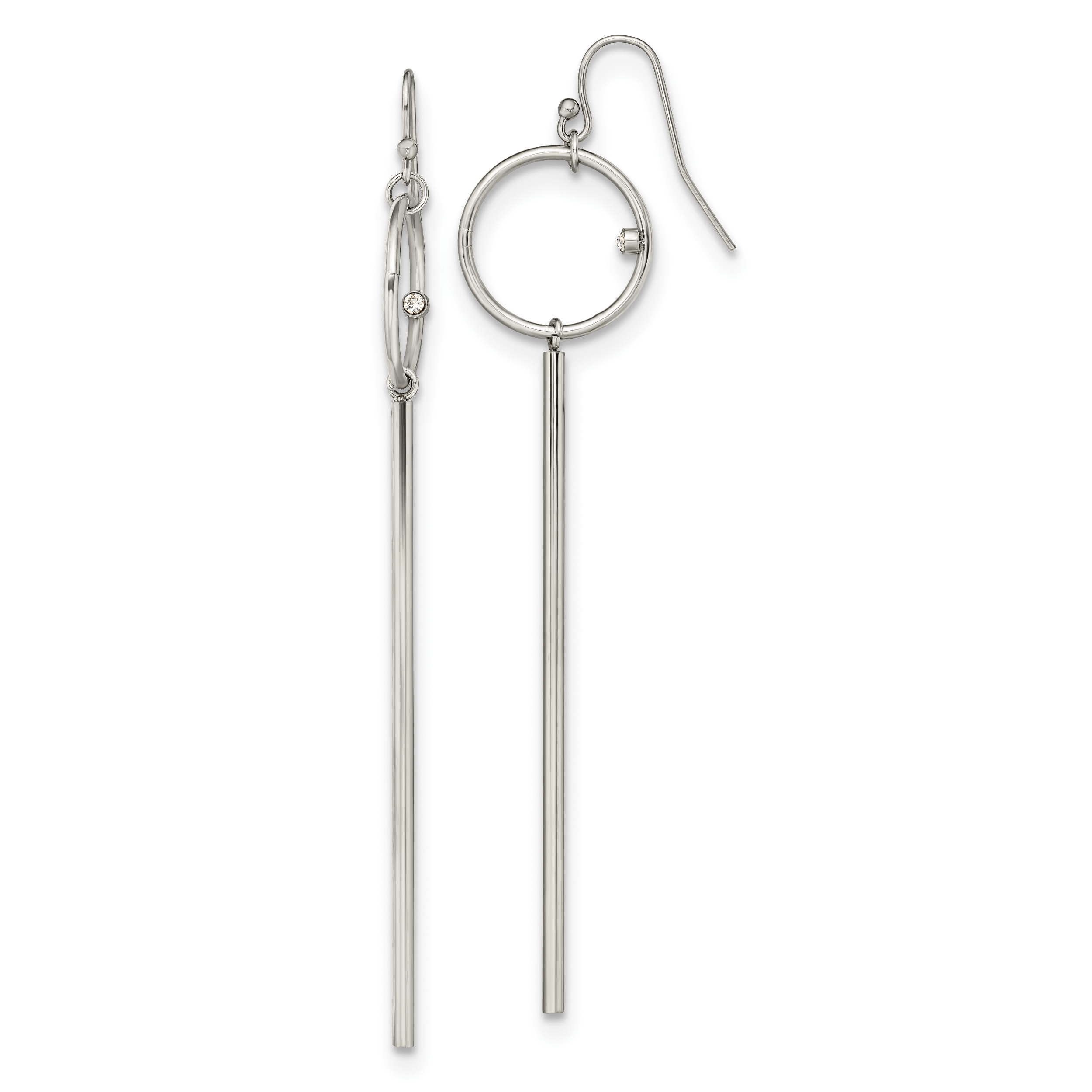 Chisel Stainless Steel Polished Circle with Crystal Accent Bar Dangle Shepherd Hook Shoulder Duster Earrings