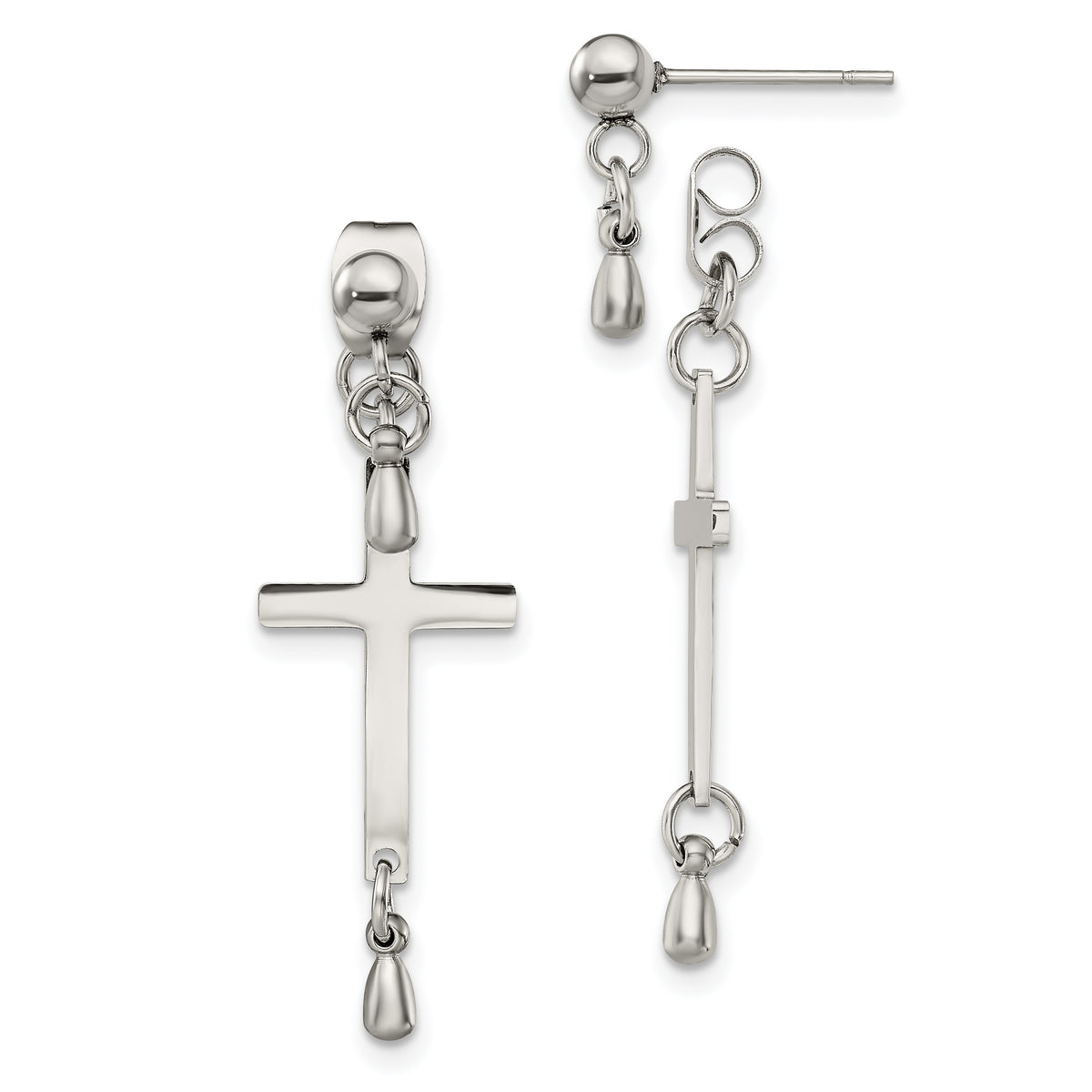 Chisel Stainless Steel Polished Cross Dangle Front and Back Post Dangle Earrings