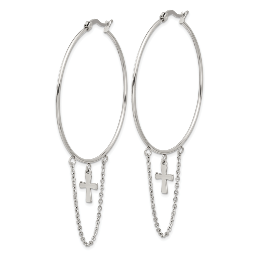 Cross & Chain Dangle Hoop Earrings in Stainless Steel