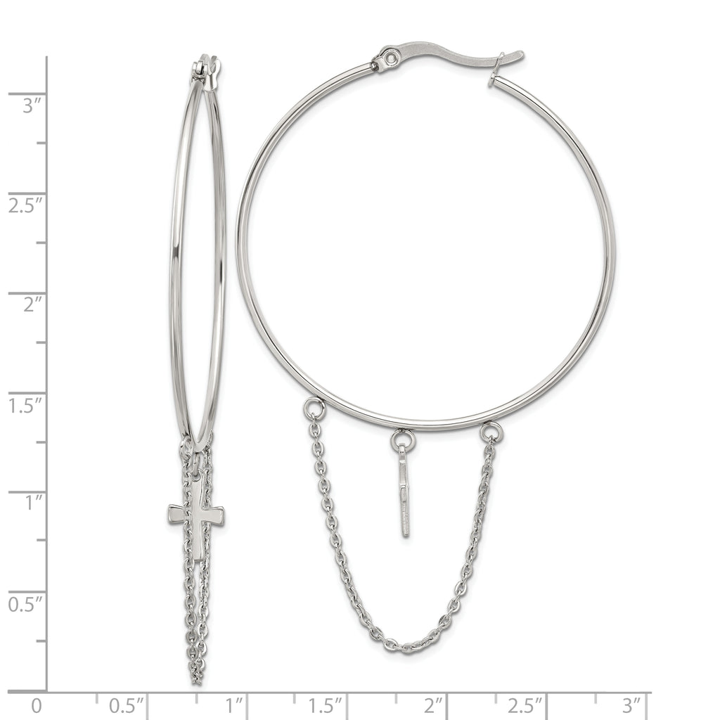Cross & Chain Dangle Hoop Earrings in Stainless Steel