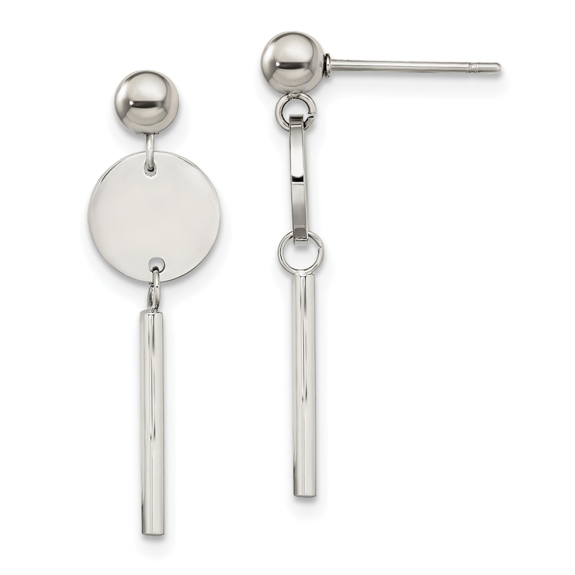 Chisel Stainless Steel Polished Disc with Bar Post Dangle Earrings