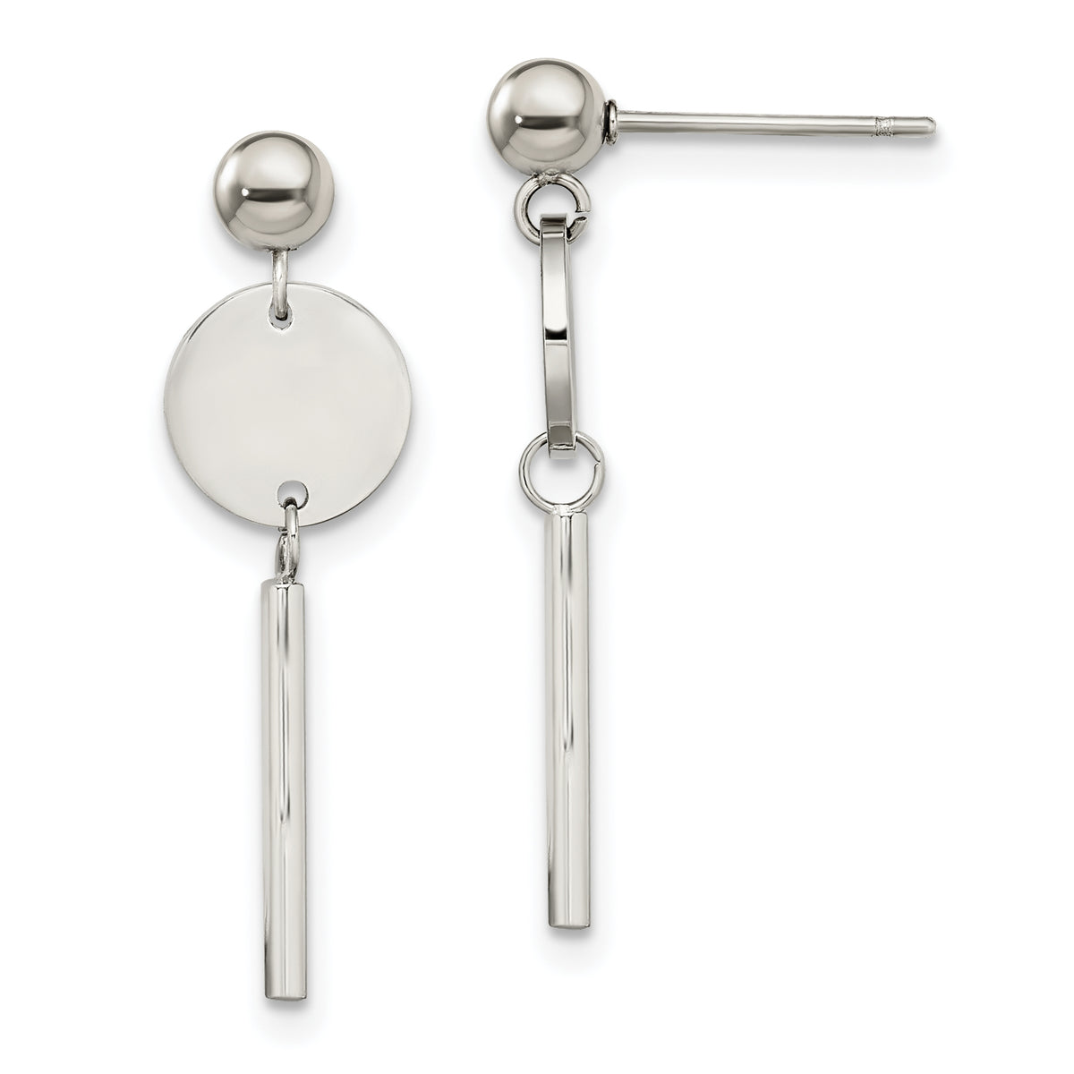 Chisel Stainless Steel Polished Disc with Bar Post Dangle Earrings