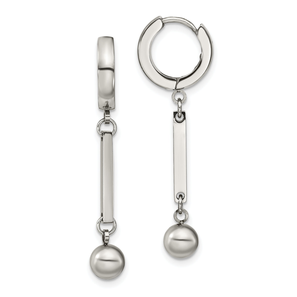Chisel Stainless Steel Polished with Bar and Ball Dangle Hinged Hoop Earrings