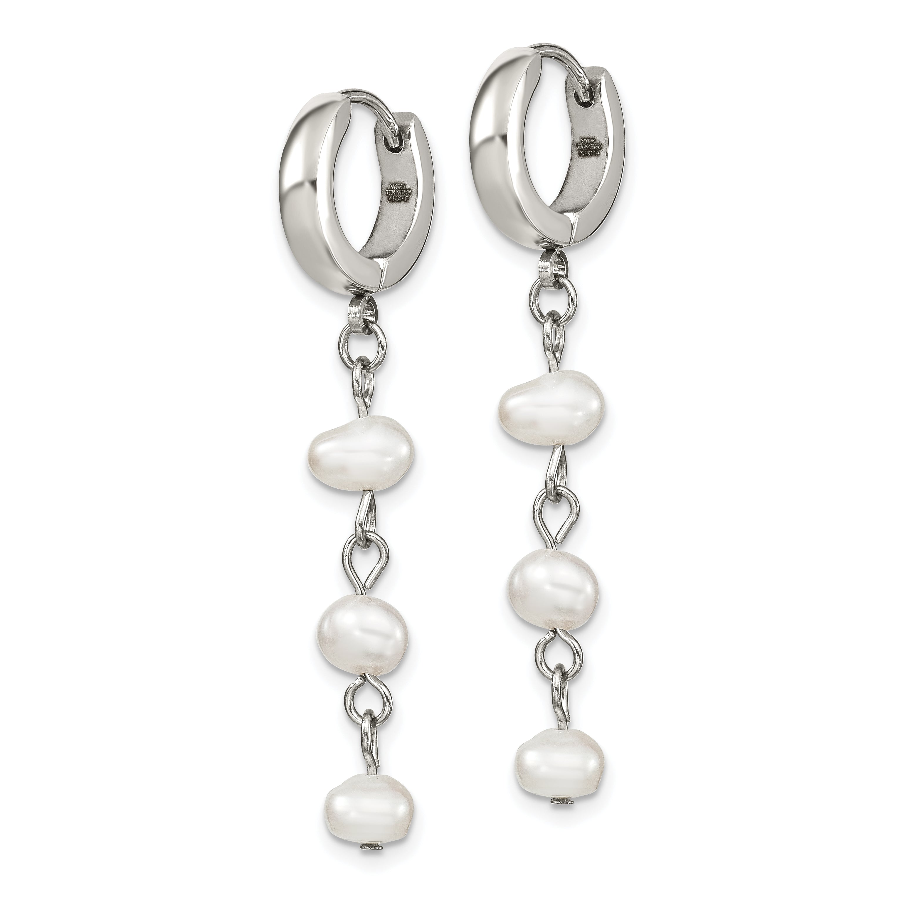 Chisel Stainless Steel Polished with Freshwater Cultured Pearl Dangle Hinged Hoop Earrings Secondary image