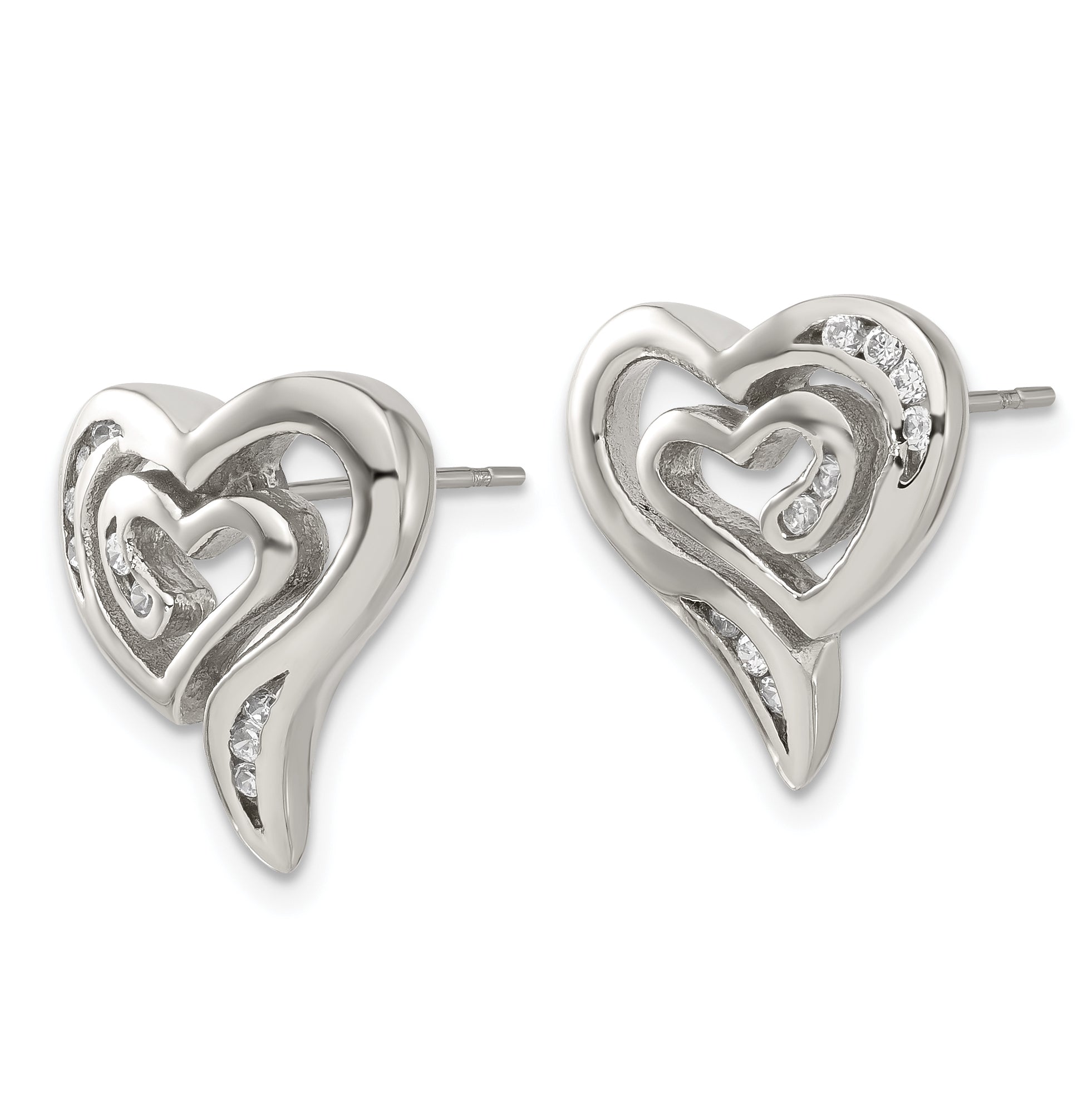 Sophia Jewelers Polished Stainless Steel CZ Heart Earrings in Gift-Ready Pouch