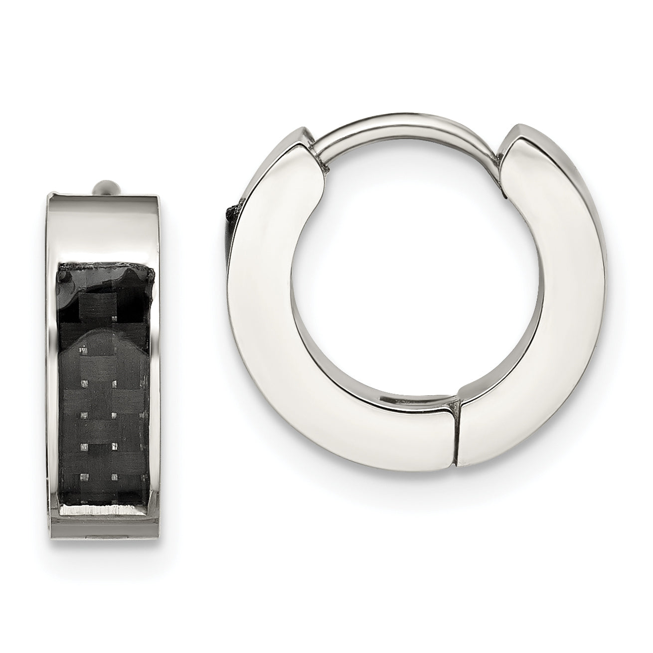 Chisel Stainless Steel Polished with Carbon Fiber Inlay 4mm Hinged Hoop Earrings