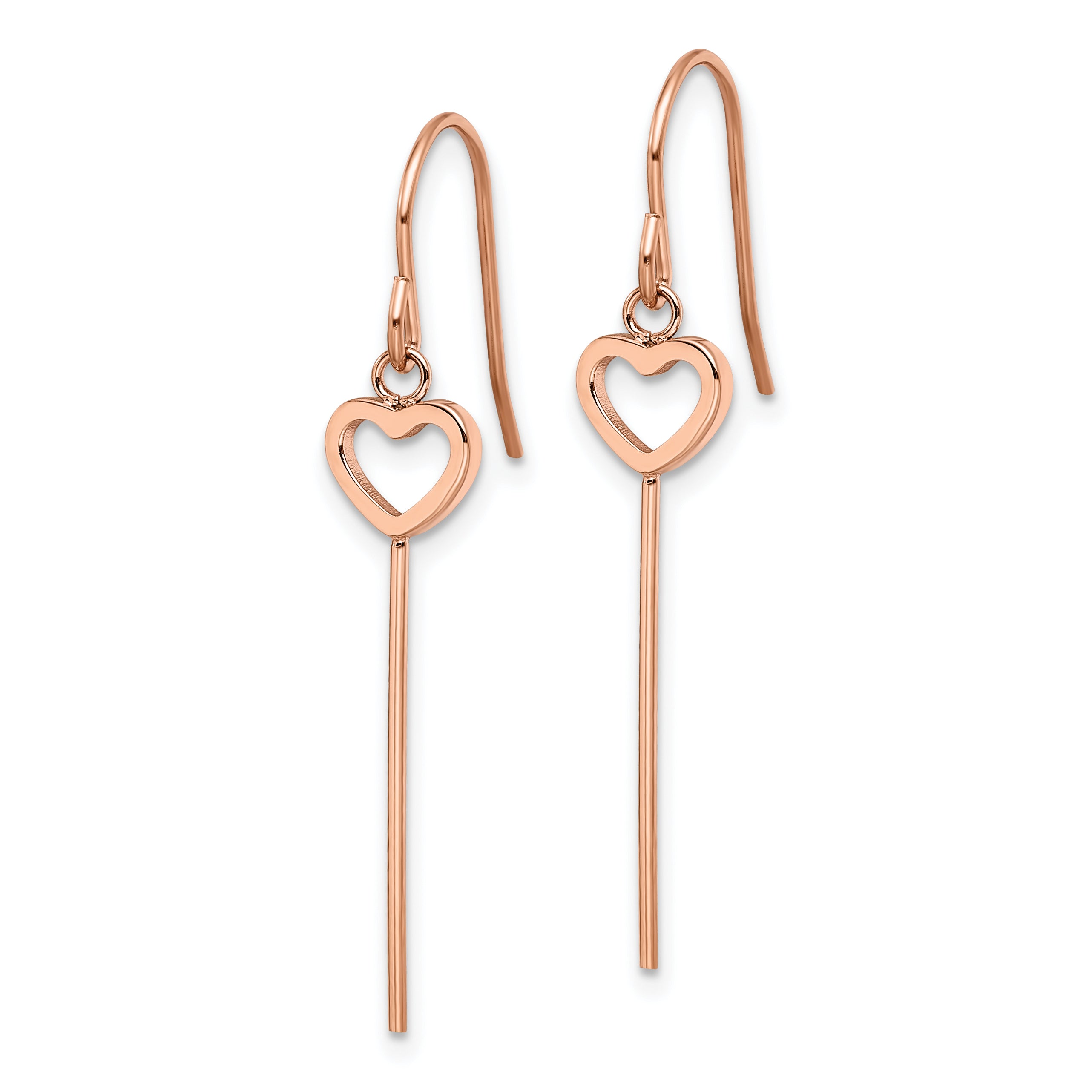 Chisel Stainless Steel Polished Rose IP-plated Heart and Bar Dangle Shepherd Hook Earrings