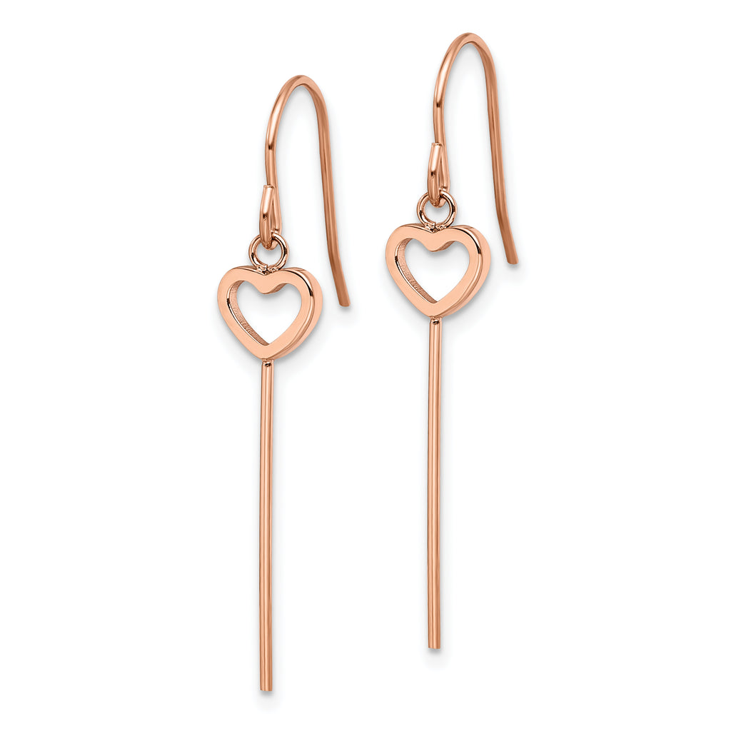 Chisel Stainless Steel Polished Rose IP-plated Heart and Bar Dangle Shepherd Hook Earrings