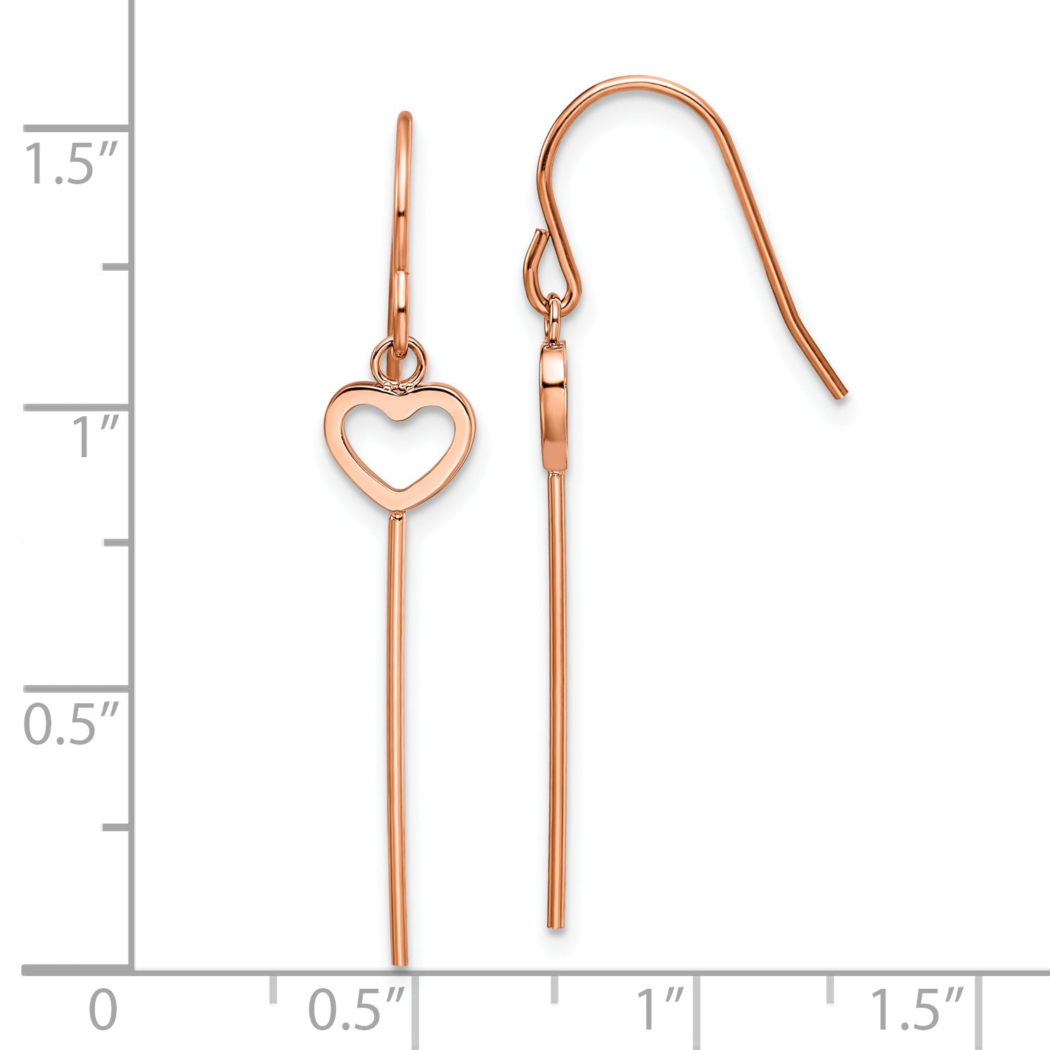 Chisel Stainless Steel Polished Rose IP-plated Heart and Bar Dangle Shepherd Hook Earrings