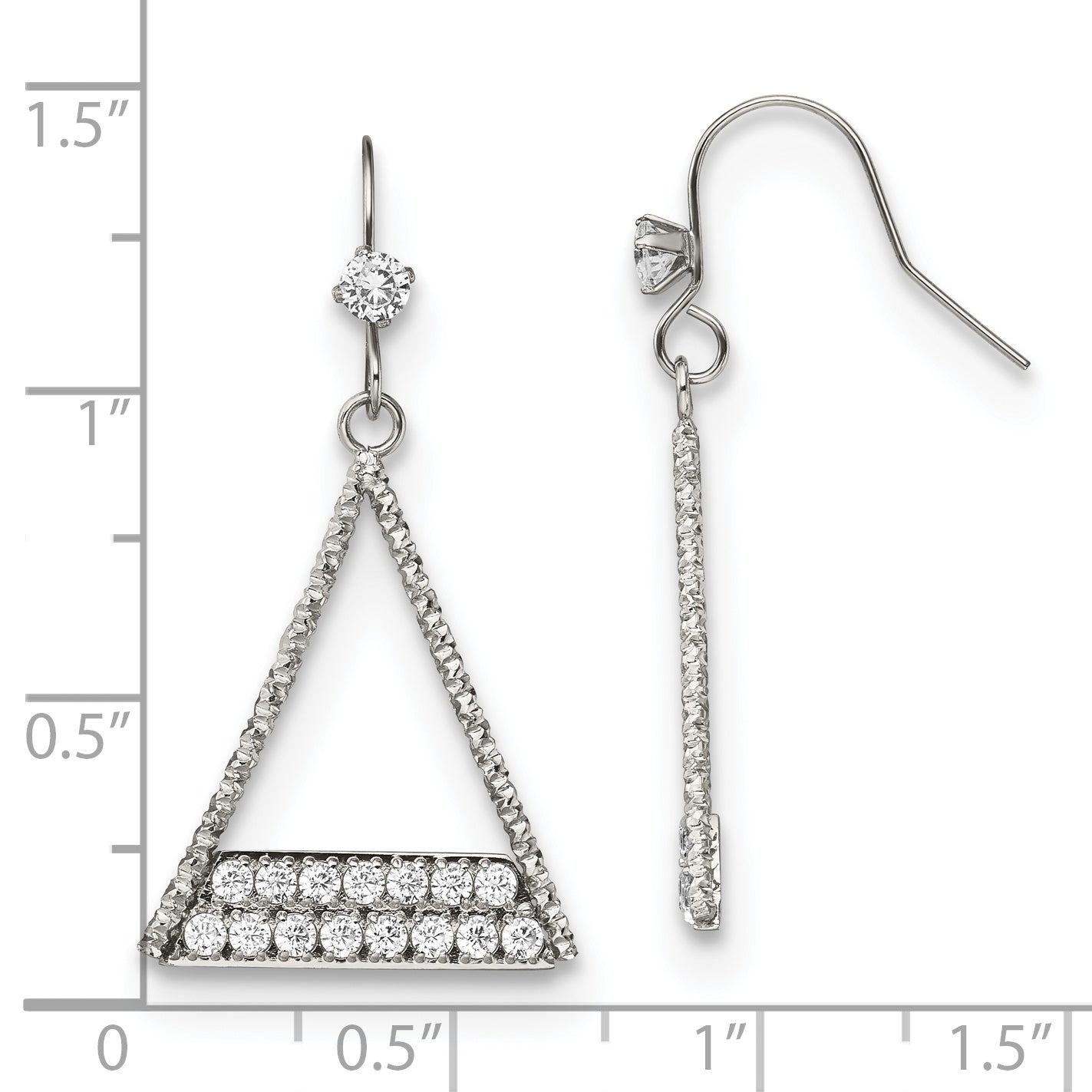 Stainless Steel Polished w/CZ Triangle Dangle Shepherd Hook Earrings
