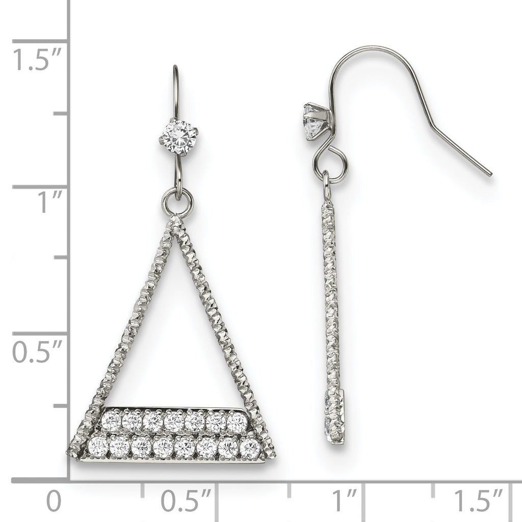 Stainless Steel Polished w/CZ Triangle Dangle Shepherd Hook Earrings