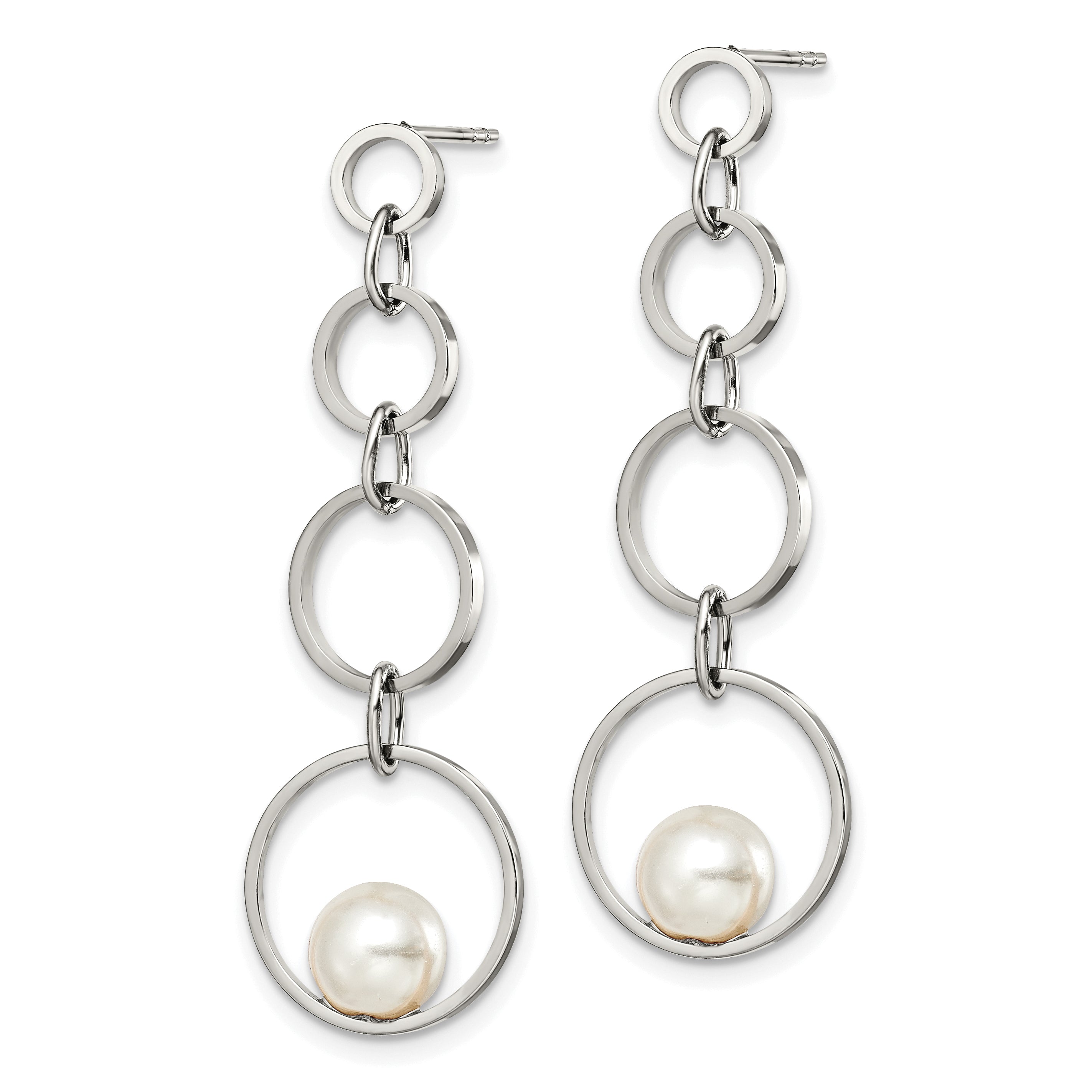 Stainless Steel Polished with Simulated Pearl Post Dangle Earrings Secondary image