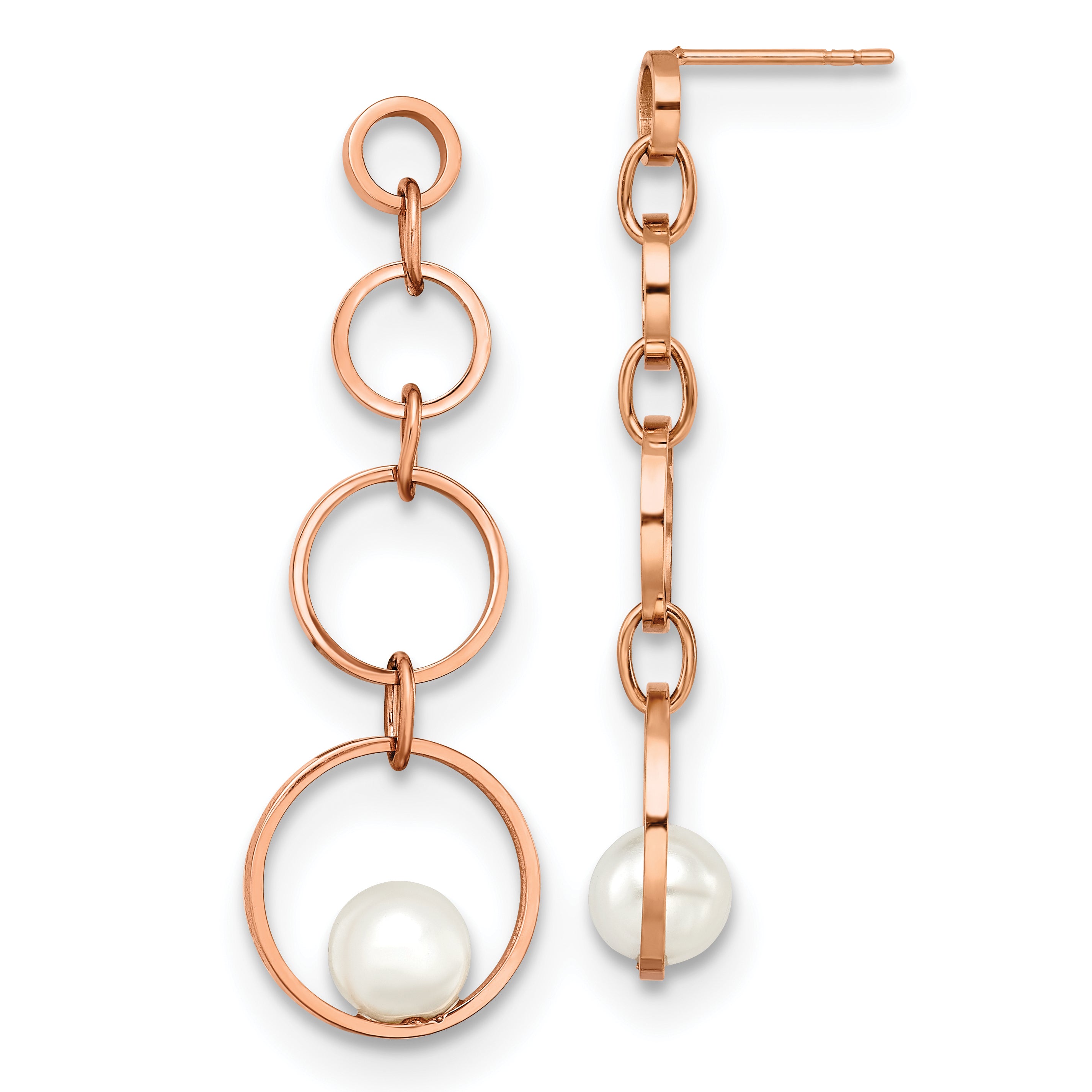 Stainless Steel Polished Rose IP-plated Simulated Pearl Post Dangle Earring Main image