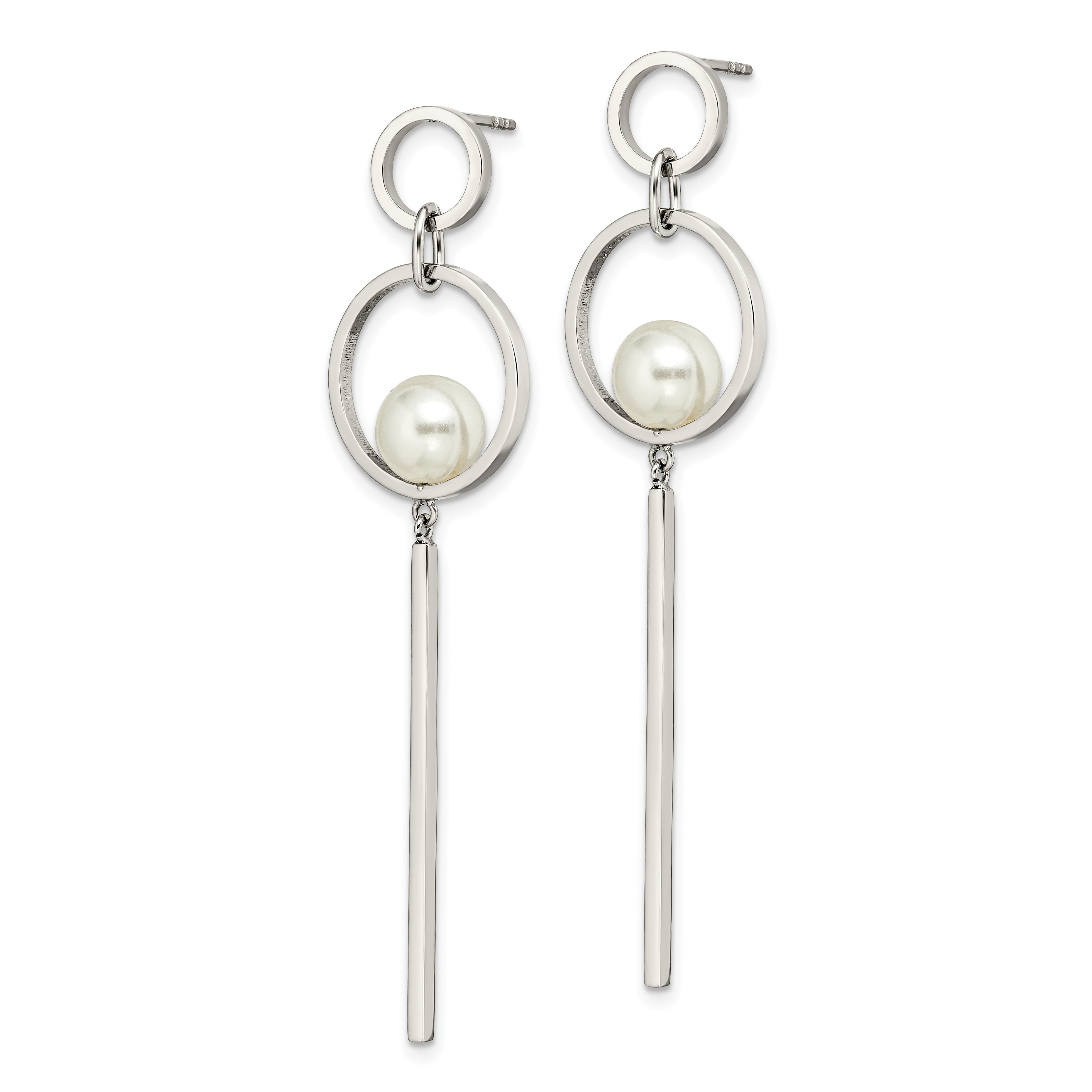 Chisel Stainless Steel Polished with Simulated Pearl Post Dangle Earrings Secondary image