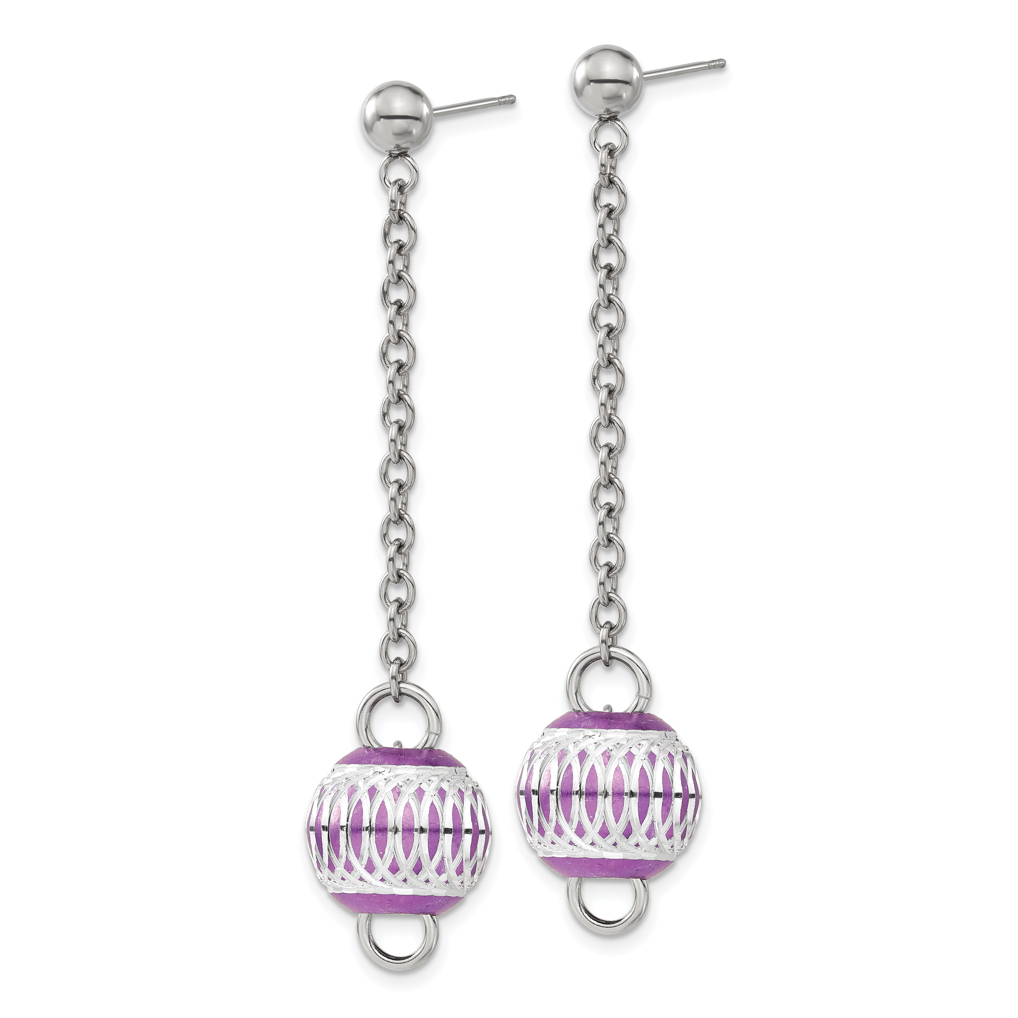 Sophia Jewelers Polished Stainless Steel Purple Diamond-Cut Dangle Earrings