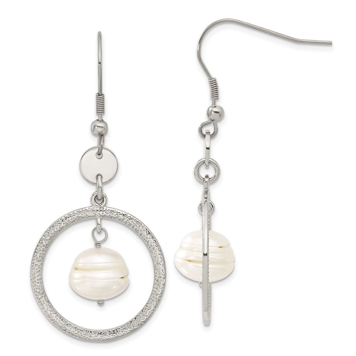 Stainless Steel FW Cultured Pearl Circle Dangle Earrings