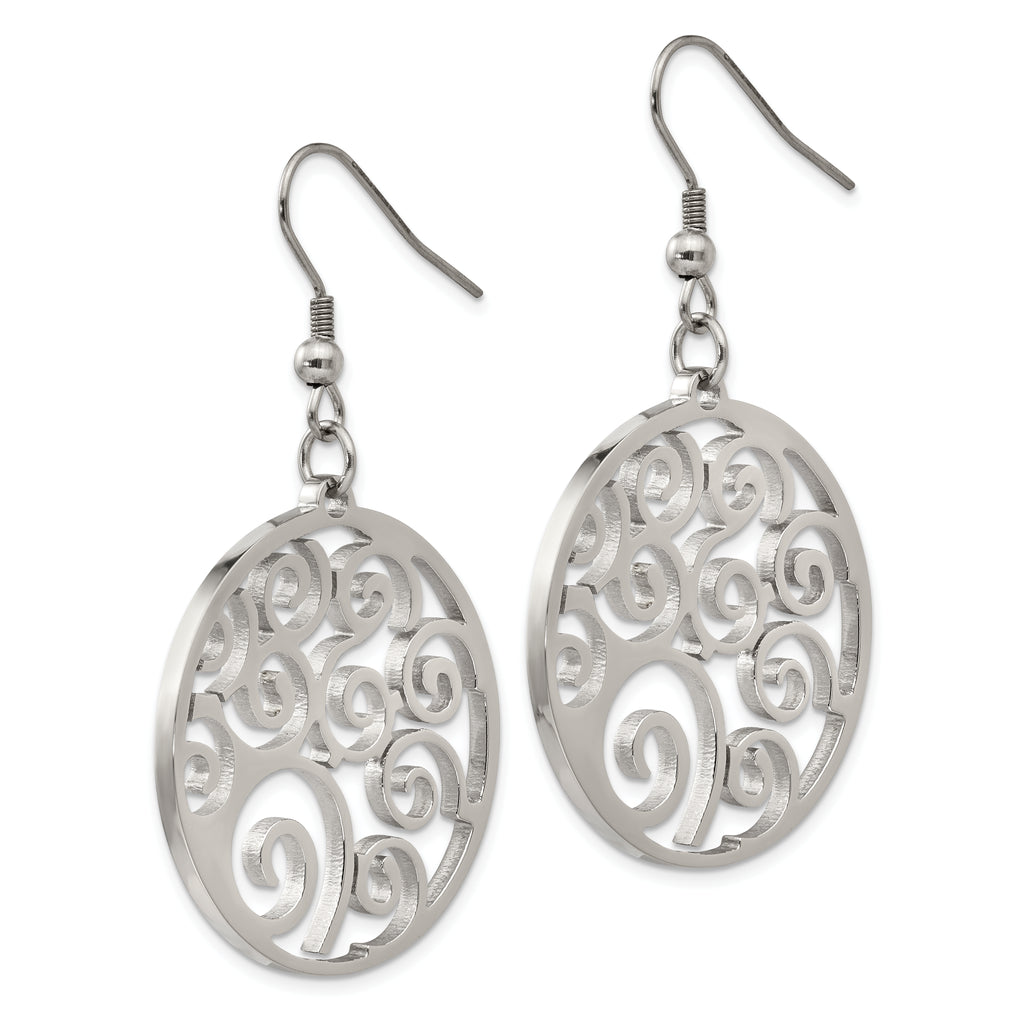 Stainless Steel Drop Earrings with Polished Swirl Design Gift Ready