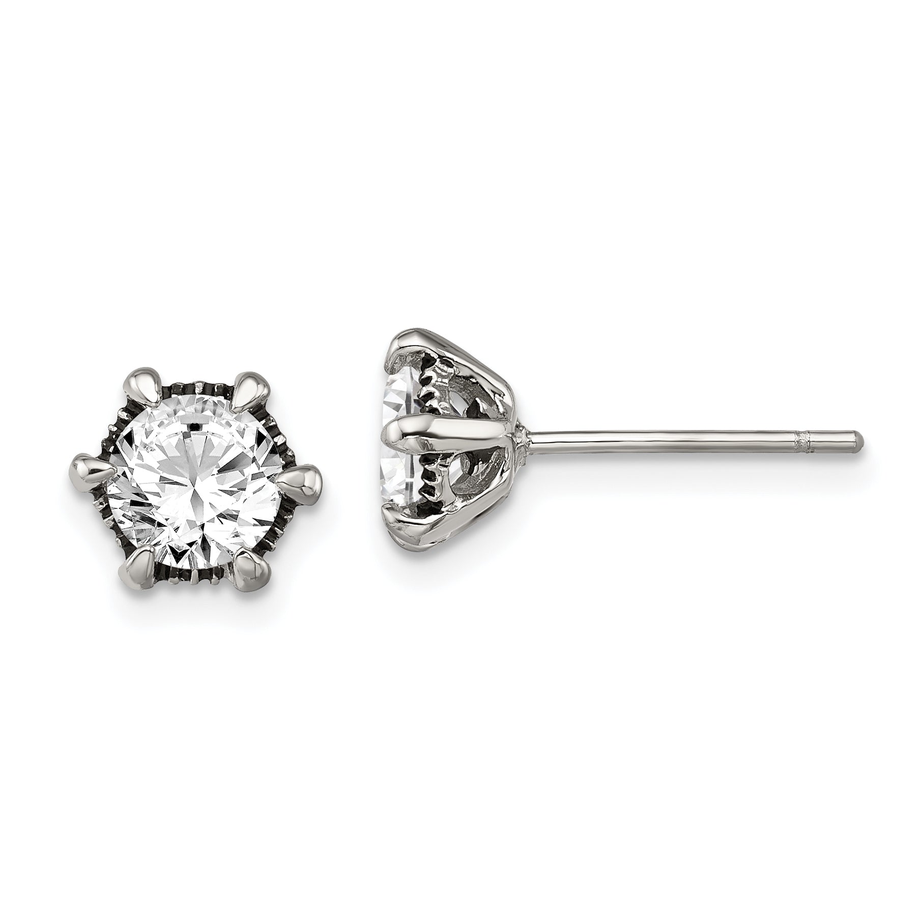 Chisel Stainless Steel Antiqued and Polished CZ Post Earrings Main image