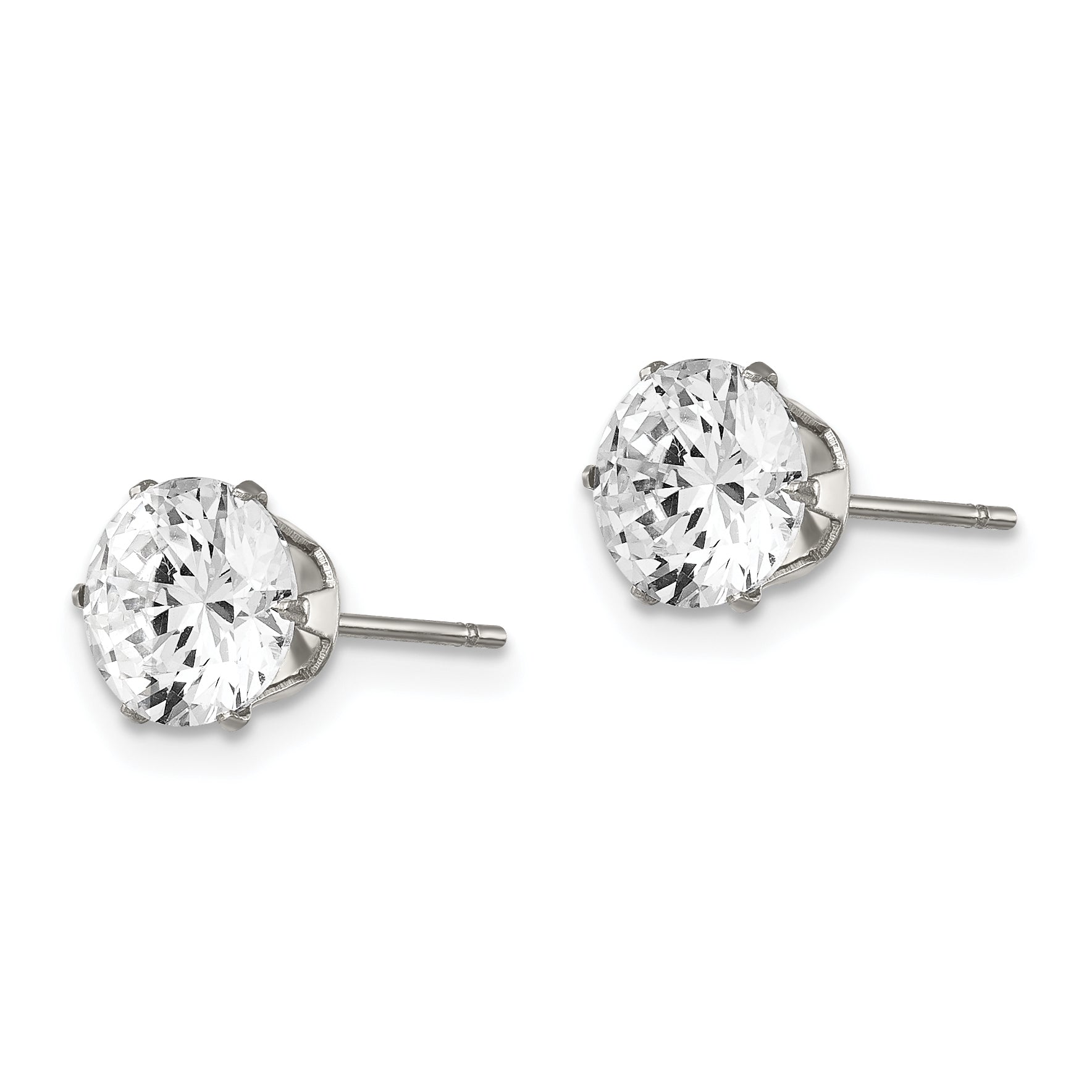 Round CZ Stud Earrings in Stainless Steel, 7mm