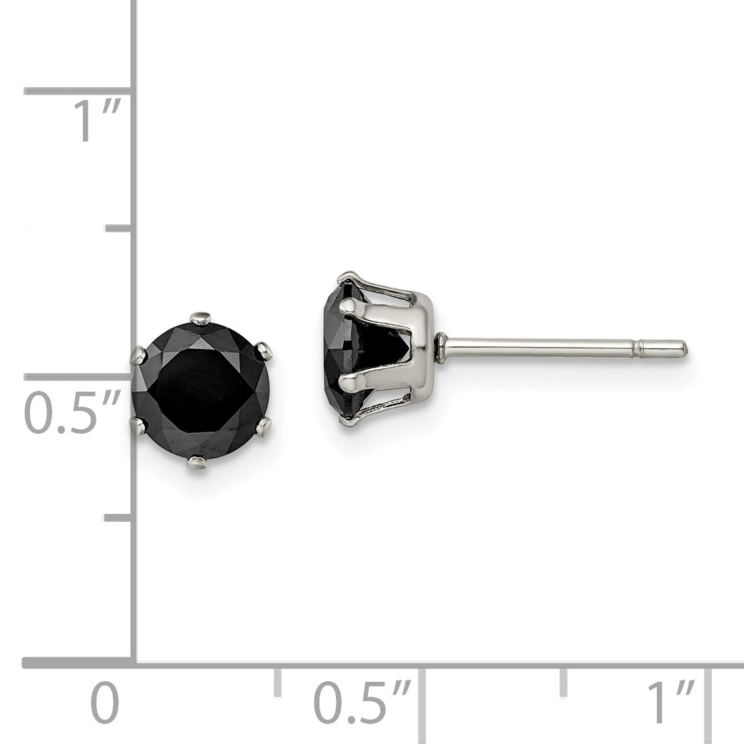 Black CZ Stud Earrings in Stainless Steel, 6mm