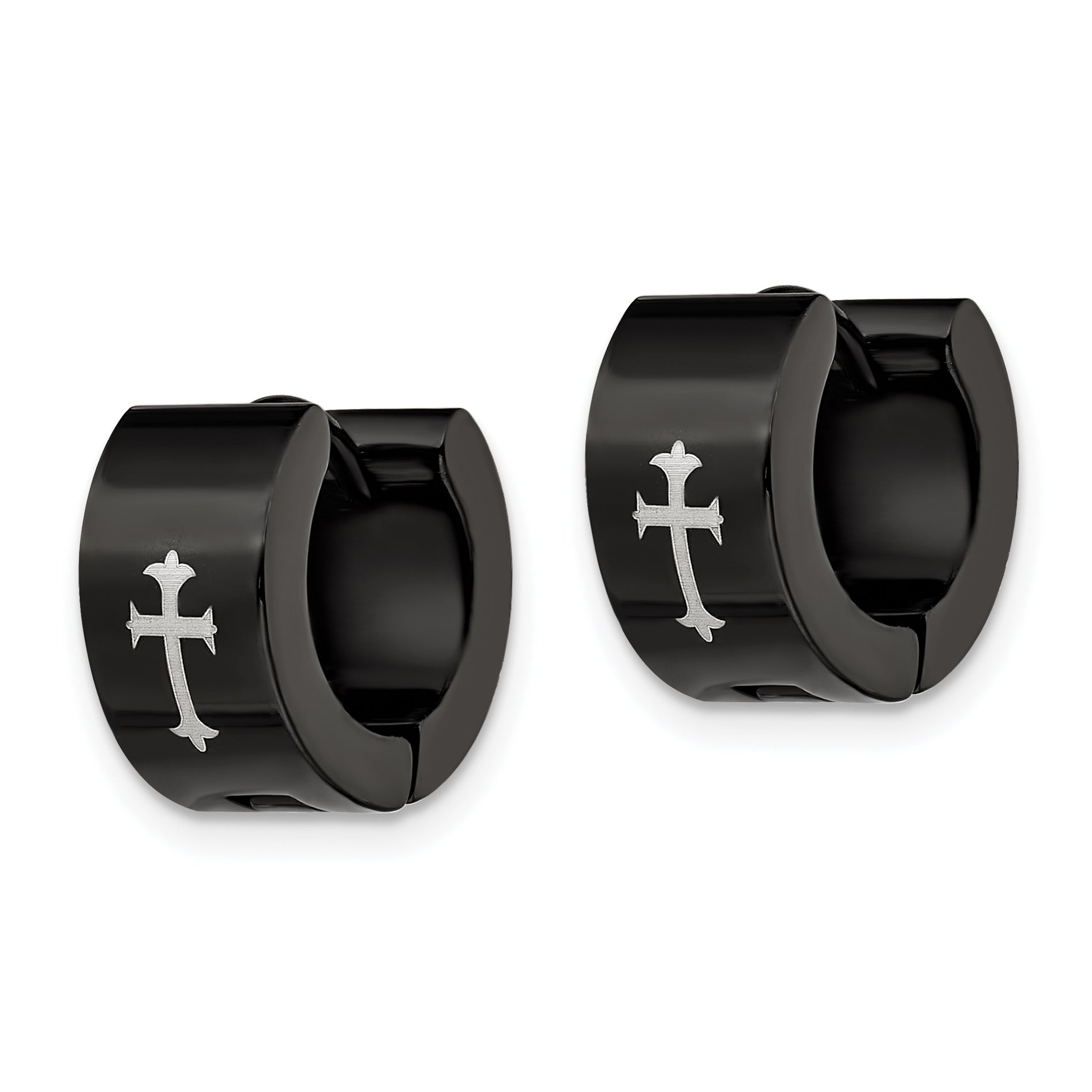 Chisel Stainless Steel Black IP-plated 7mm Hinged Hoop with Cross Earrings