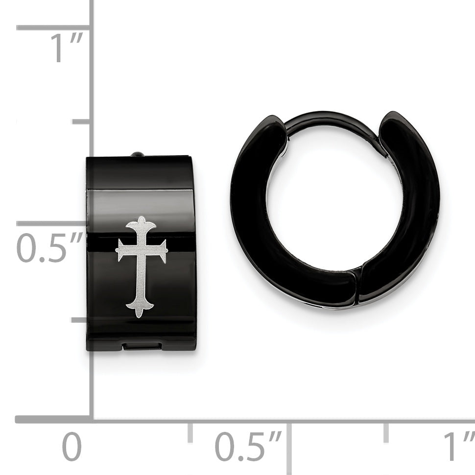 Chisel Stainless Steel Black IP-plated 7mm Hinged Hoop with Cross Earrings