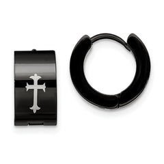 Chisel Stainless Steel Black IP-plated 7mm Hinged Hoop with Cross Earrings