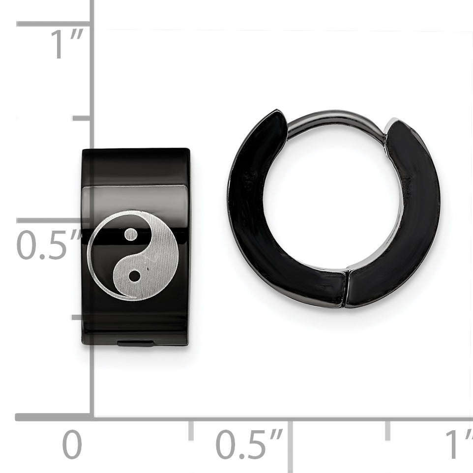 Chisel Stainless Steel Black Hoop Earrings with Yin Yang Design Unisex