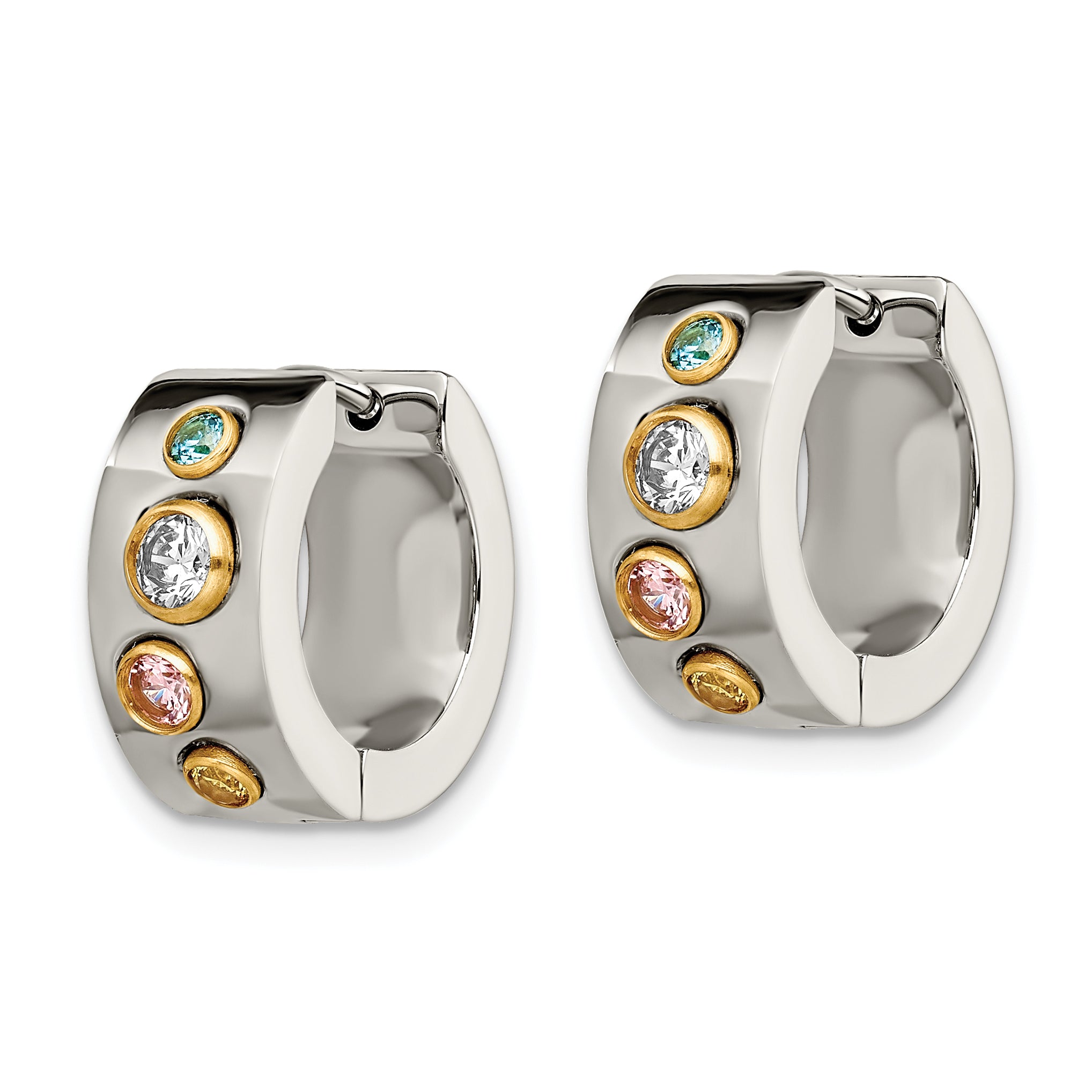 Chisel Stainless Steel Polished Yellow IP-plated with Multicolor CZ 7mm Hinged Hoop Earrings