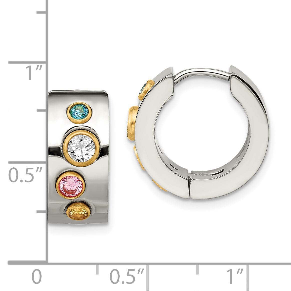 Chisel Stainless Steel Polished Yellow IP-plated with Multicolor CZ 7mm Hinged Hoop Earrings
