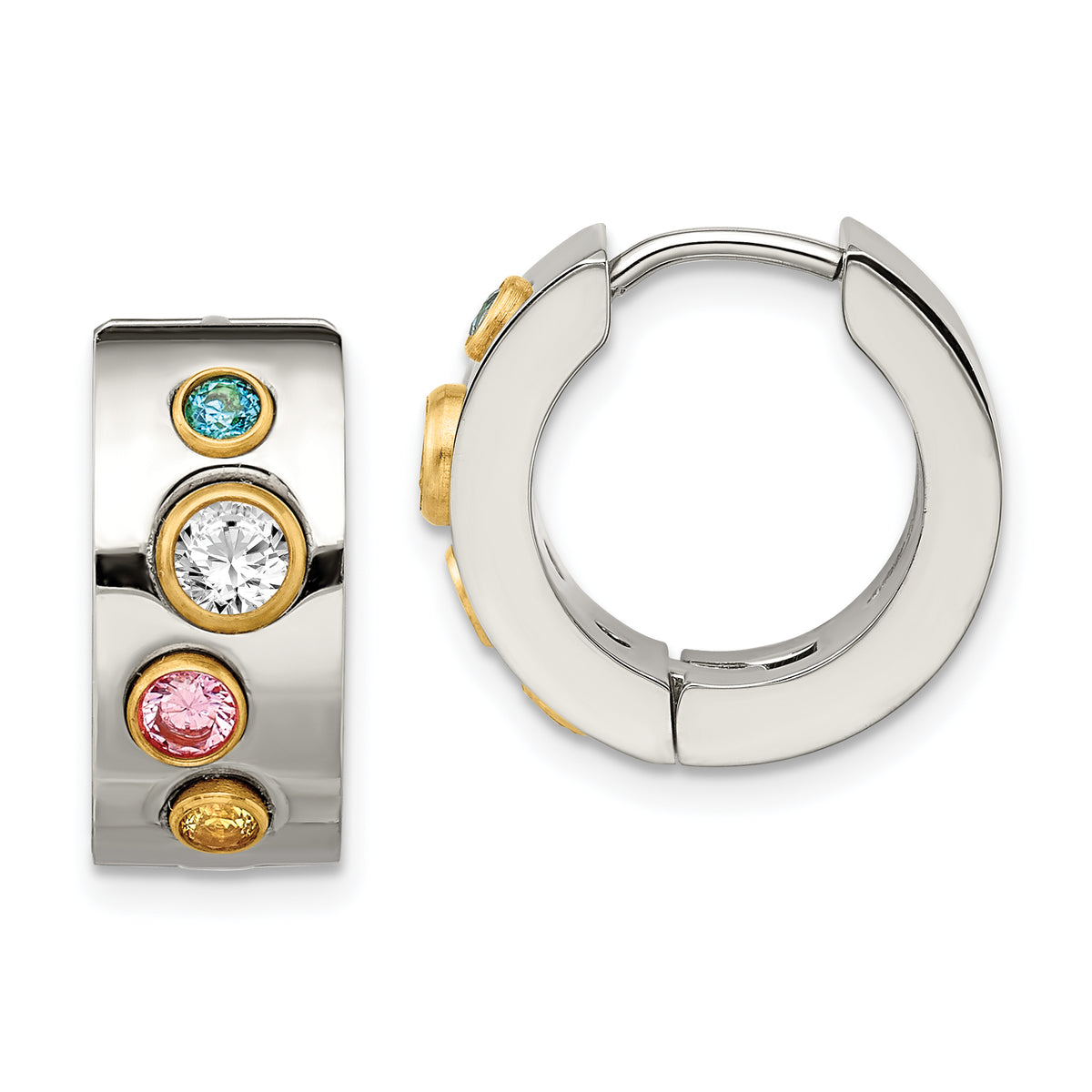 Chisel Stainless Steel Polished Yellow IP-plated with Multicolor CZ 7mm Hinged Hoop Earrings