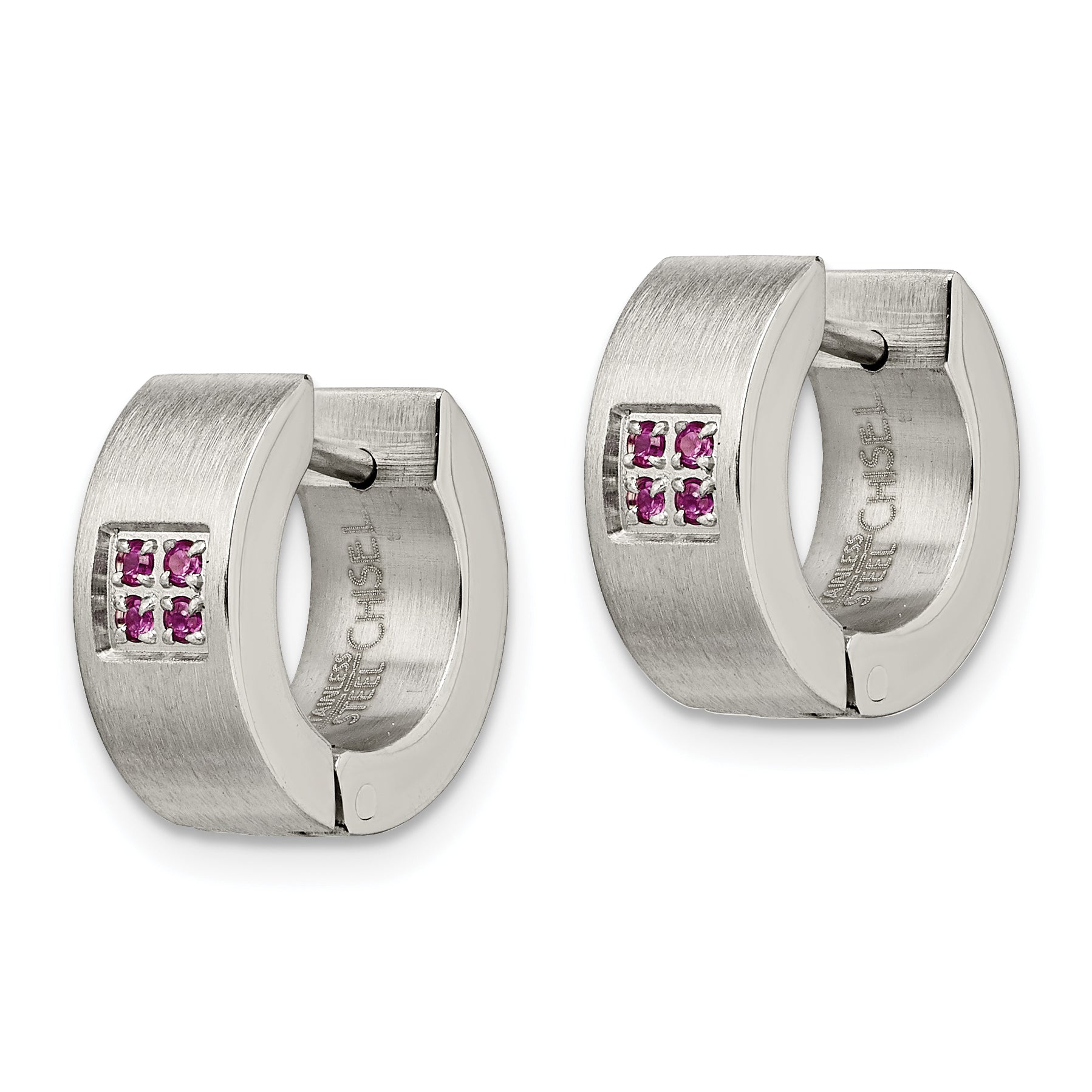 Sophia Jewelers Stainless Steel Pink CZ Unisex Hoop Earrings, Polished & Brushed Finish