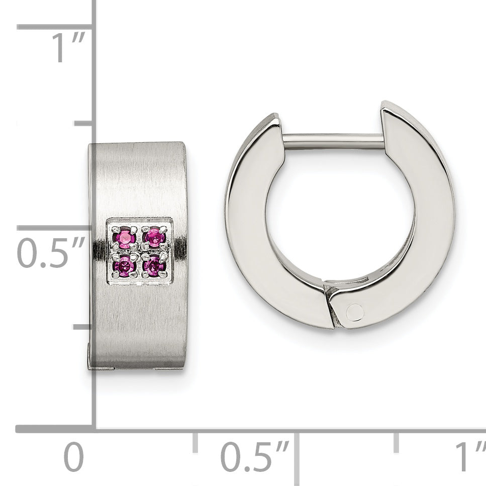 Sophia Jewelers Stainless Steel Pink CZ Unisex Hoop Earrings, Polished & Brushed Finish
