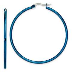 Chisel Stainless Steel Polished Blue IP-plated 49.5mm Diameter 2mm Hoop Earrings